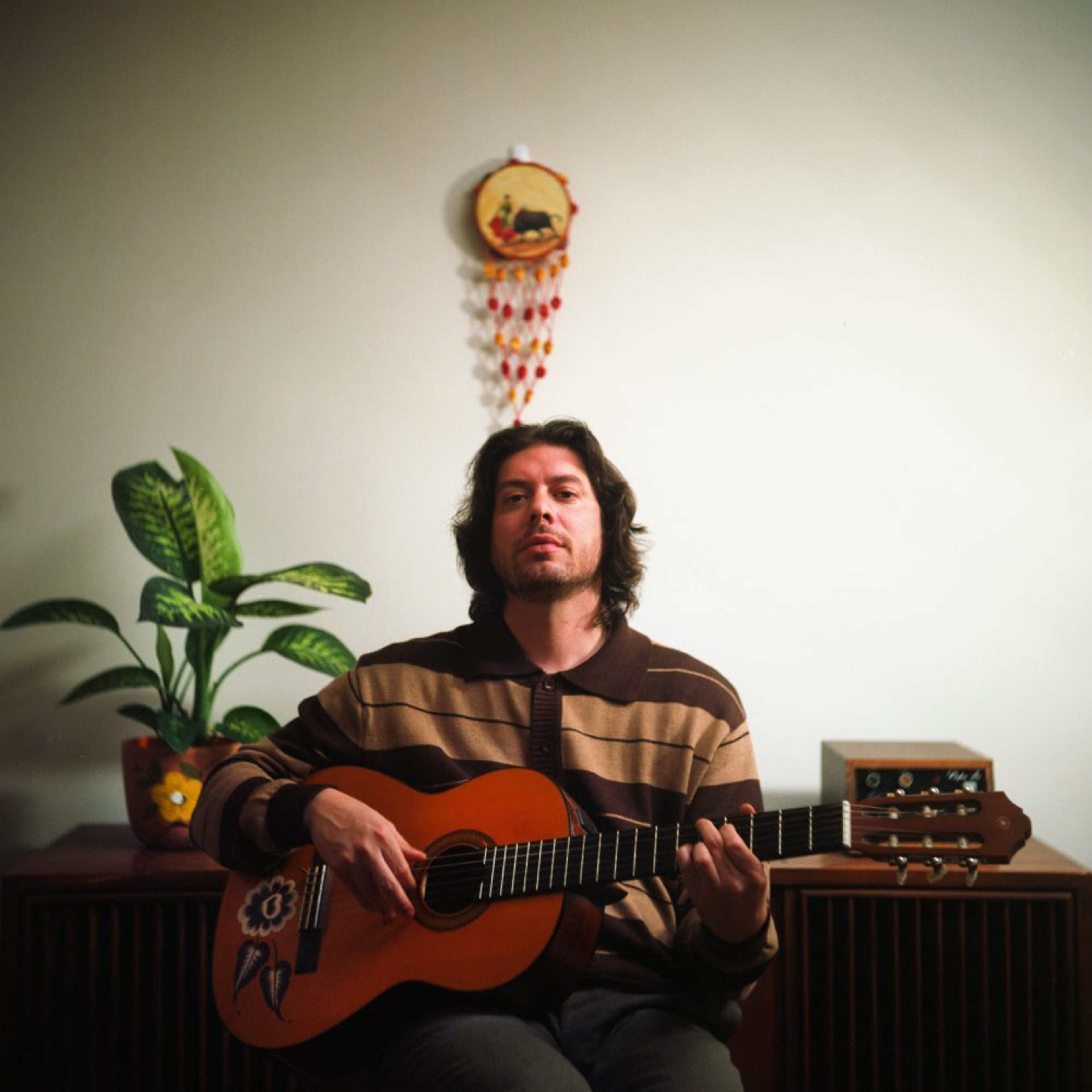 A man with shoulder-length hair plays an acoustic guitar decorated with flower and feather stickers, seated in a room with a plant and small wall hanging behind him.