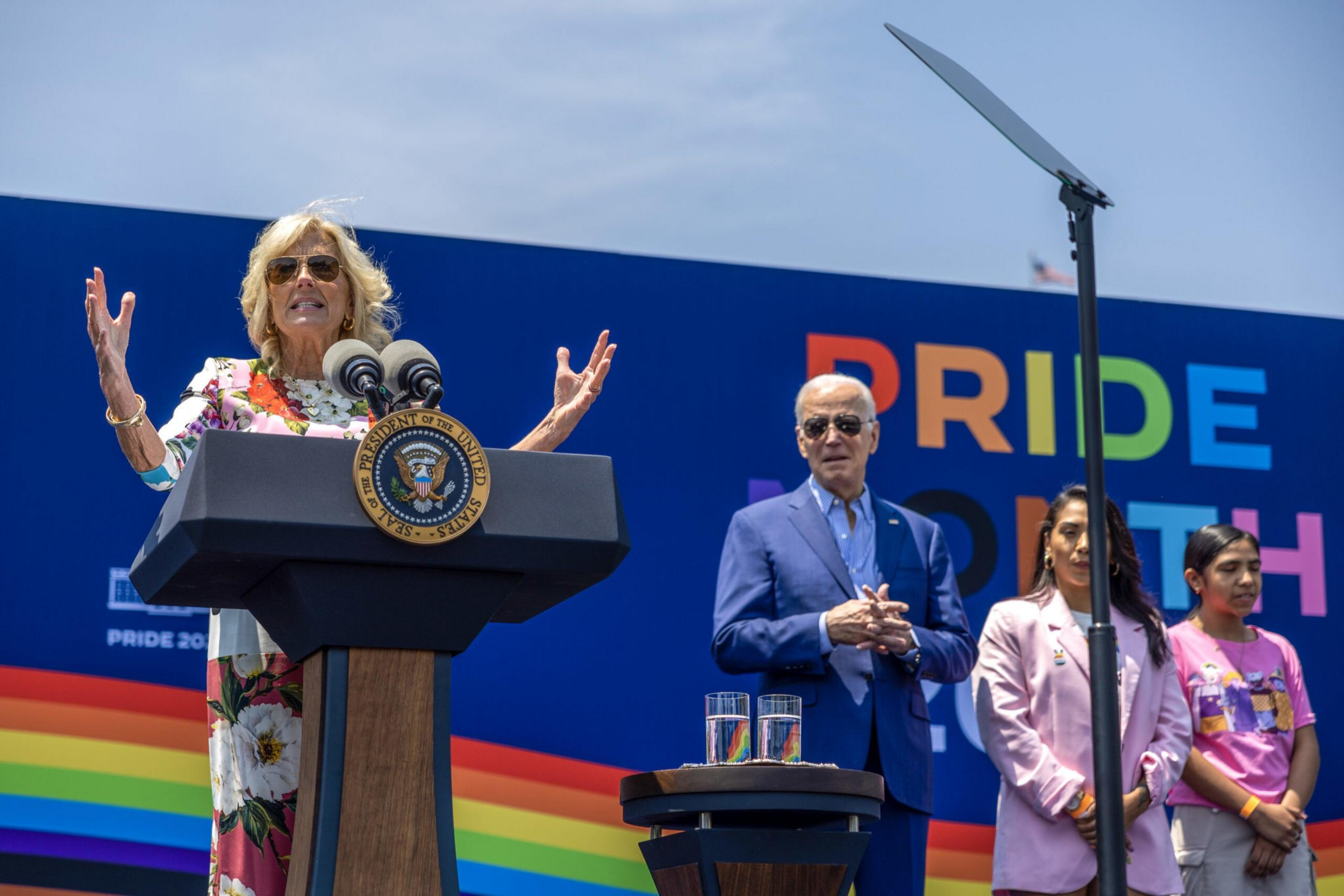First lady Jill Biden speaks as President Joe Biden, Scarlet Harvey and her family attend the Pride Month celebration on the South Lawn of the White House in Washington, DC on June 10, 2023. | Tasos Katopodis/Getty Images