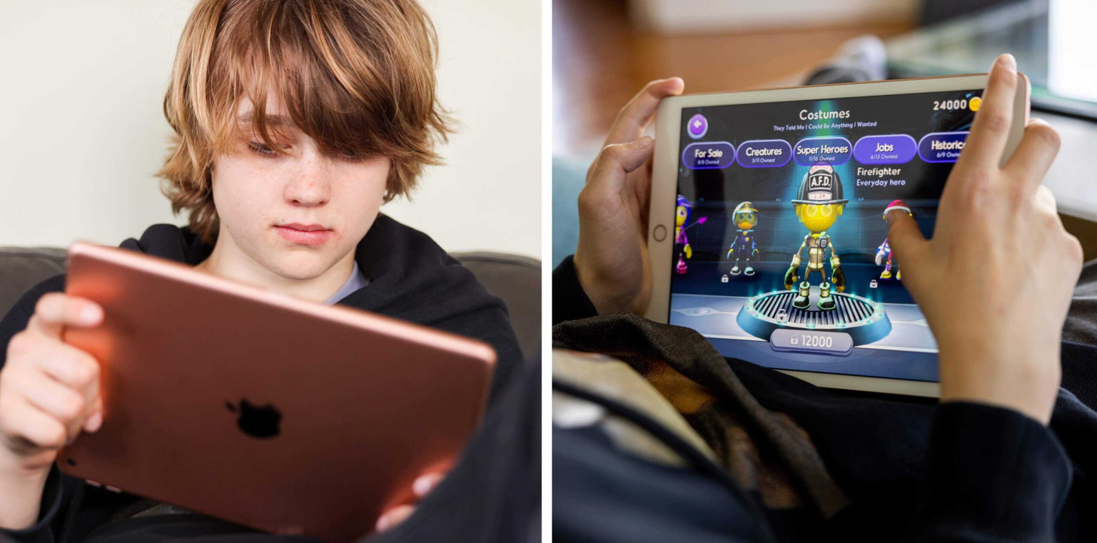 A young person with light brown hair focused on using a rose gold tablet, shown from behind interacting with a costume selection screen in a game.