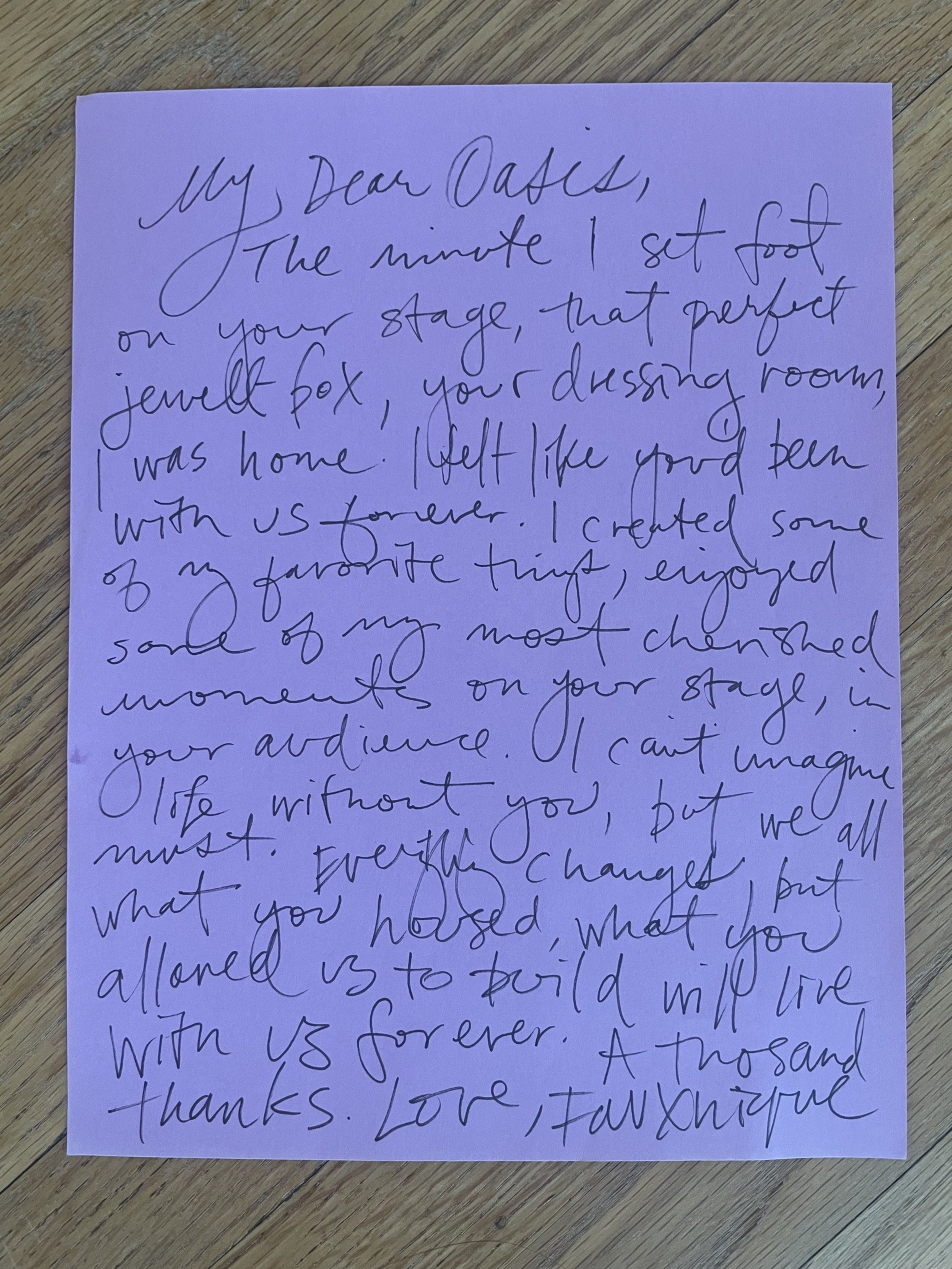 A handwritten note expressing deep gratitude and love, mentioning memorable moments on a stage, feeling at home, and thanks for shared experiences.
