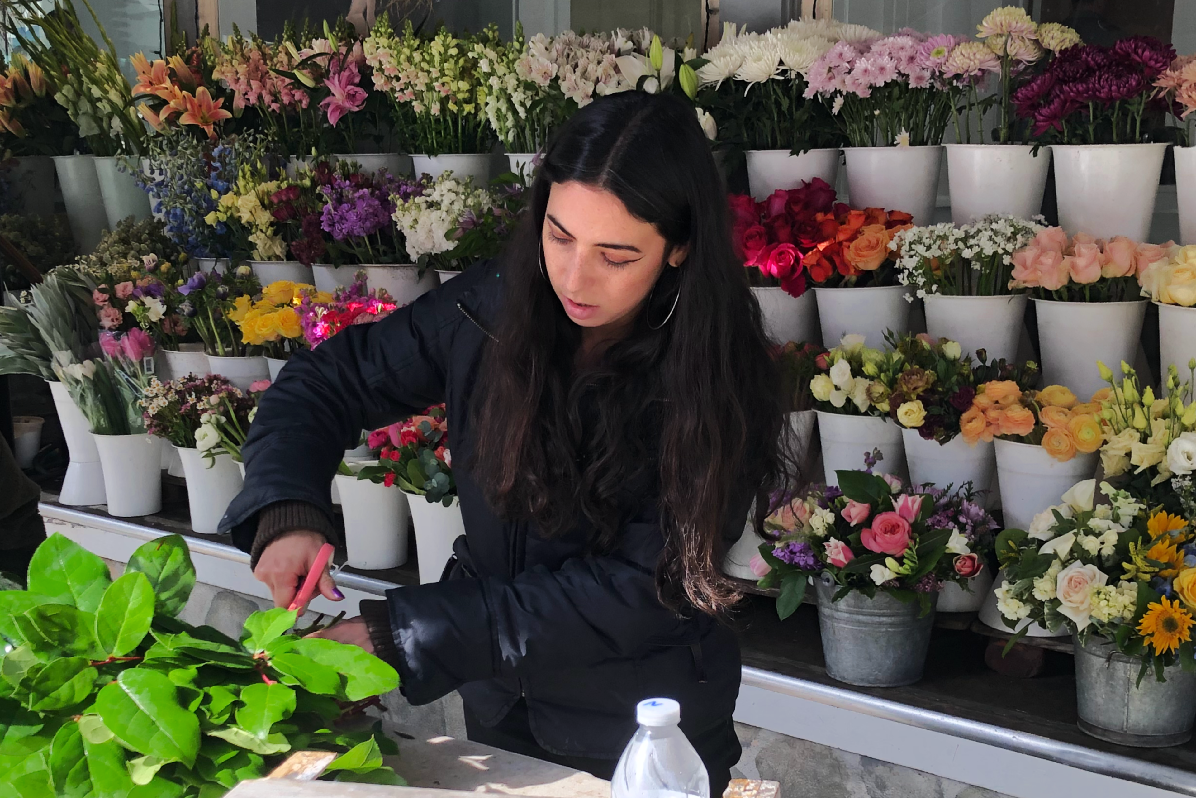 A woman with long dark hair cuts green leaves at a flower shop counter filled with various colorful flowers in white pots and metal buckets.