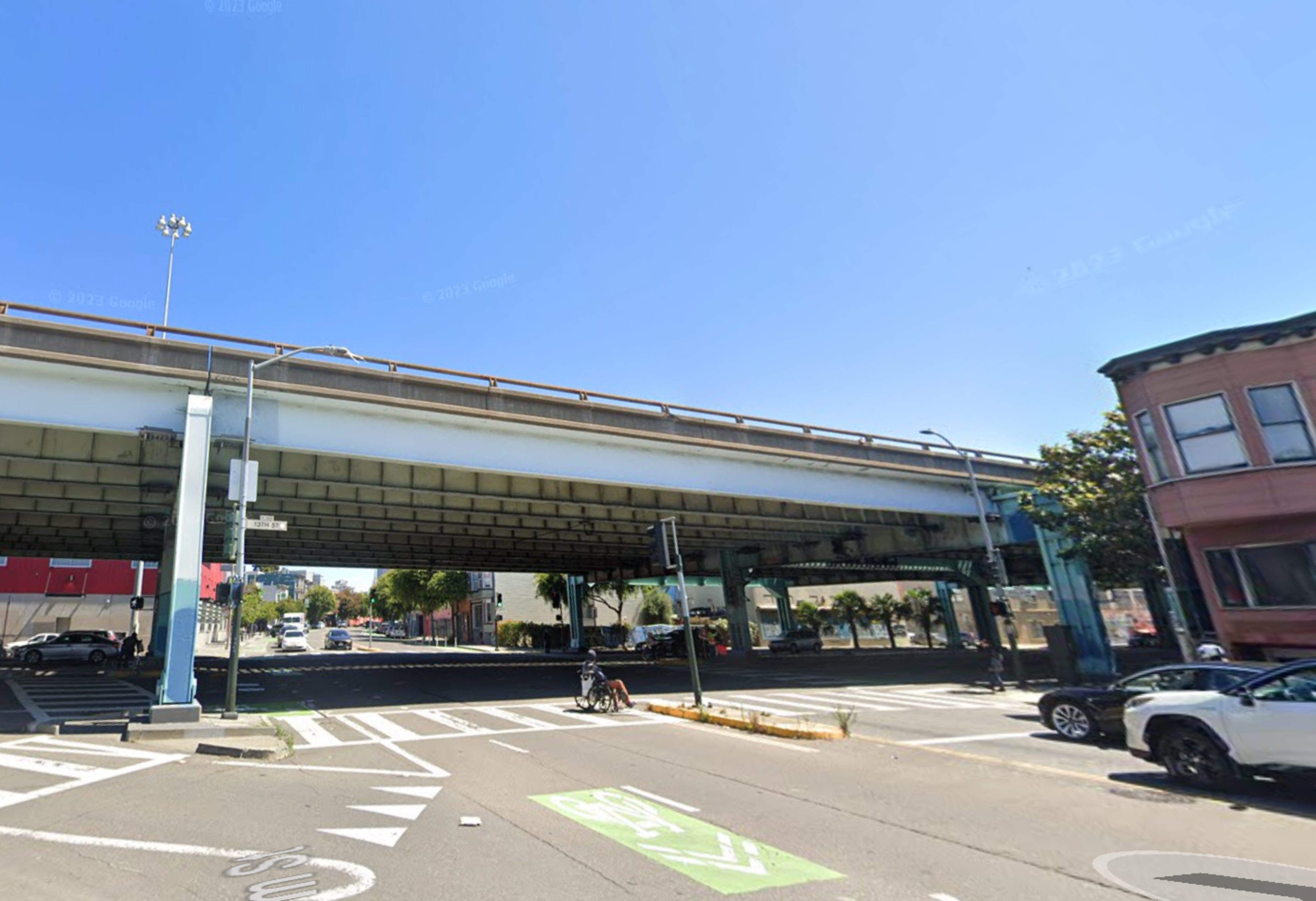 a bridge is seen over an intersection
