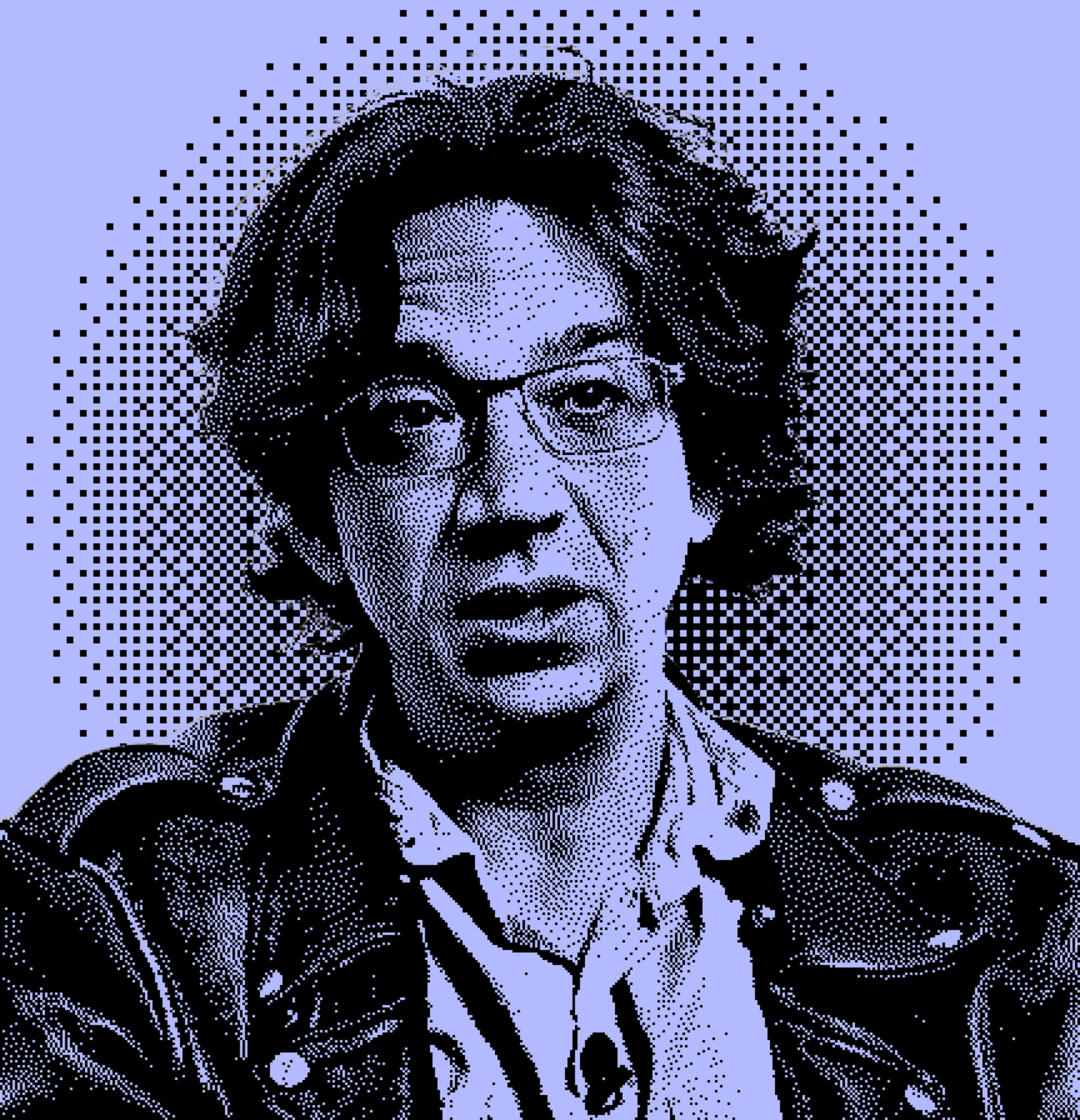 The image is a pixelated portrait of a person with glasses, wearing a leather jacket and a collared shirt, set against a dotted background on a light purple canvas.