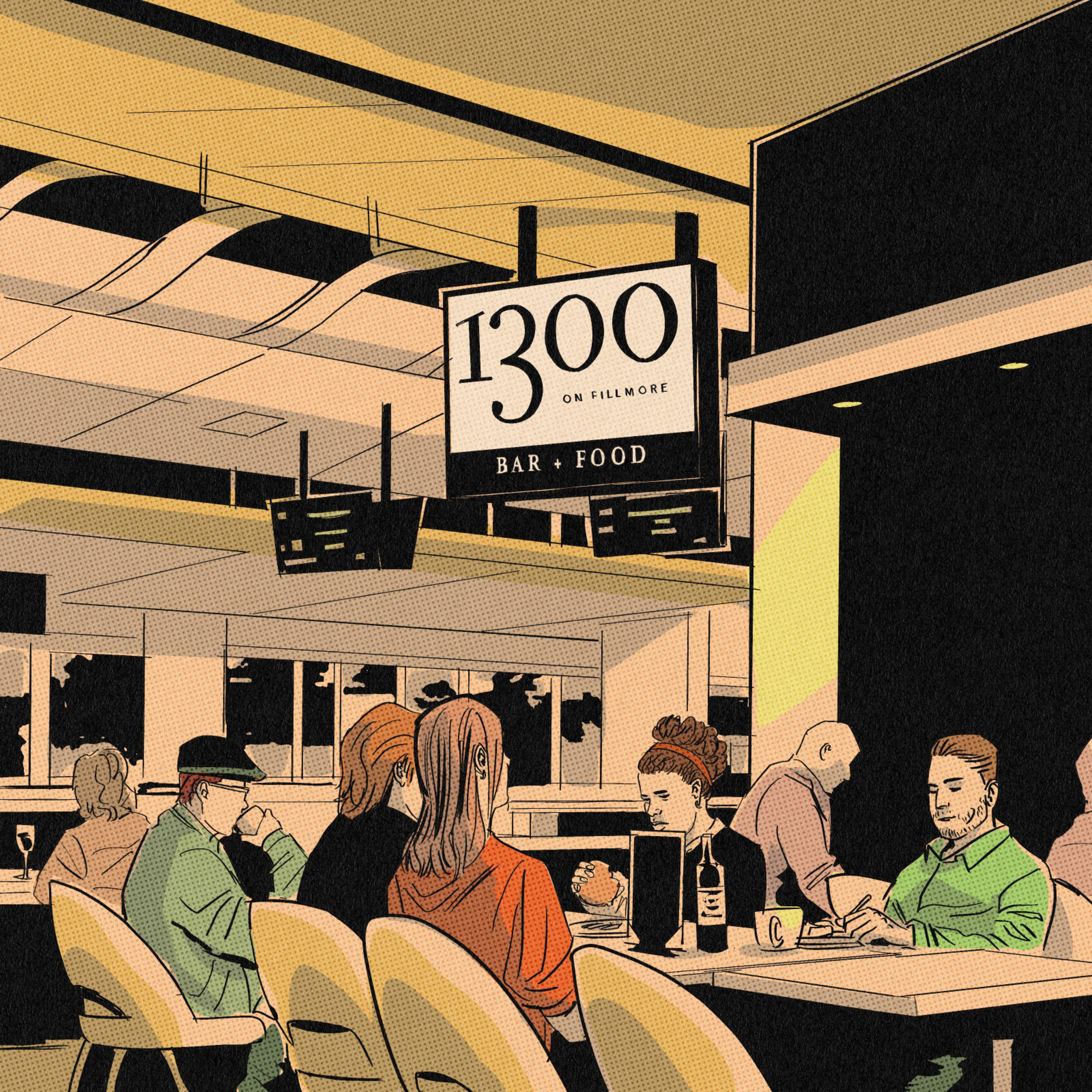 People sit and eat at tables inside a restaurant with a sign overhead reading “1300 on Fillmore BAR + FOOD.” The scene shows a warm, casual dining atmosphere.