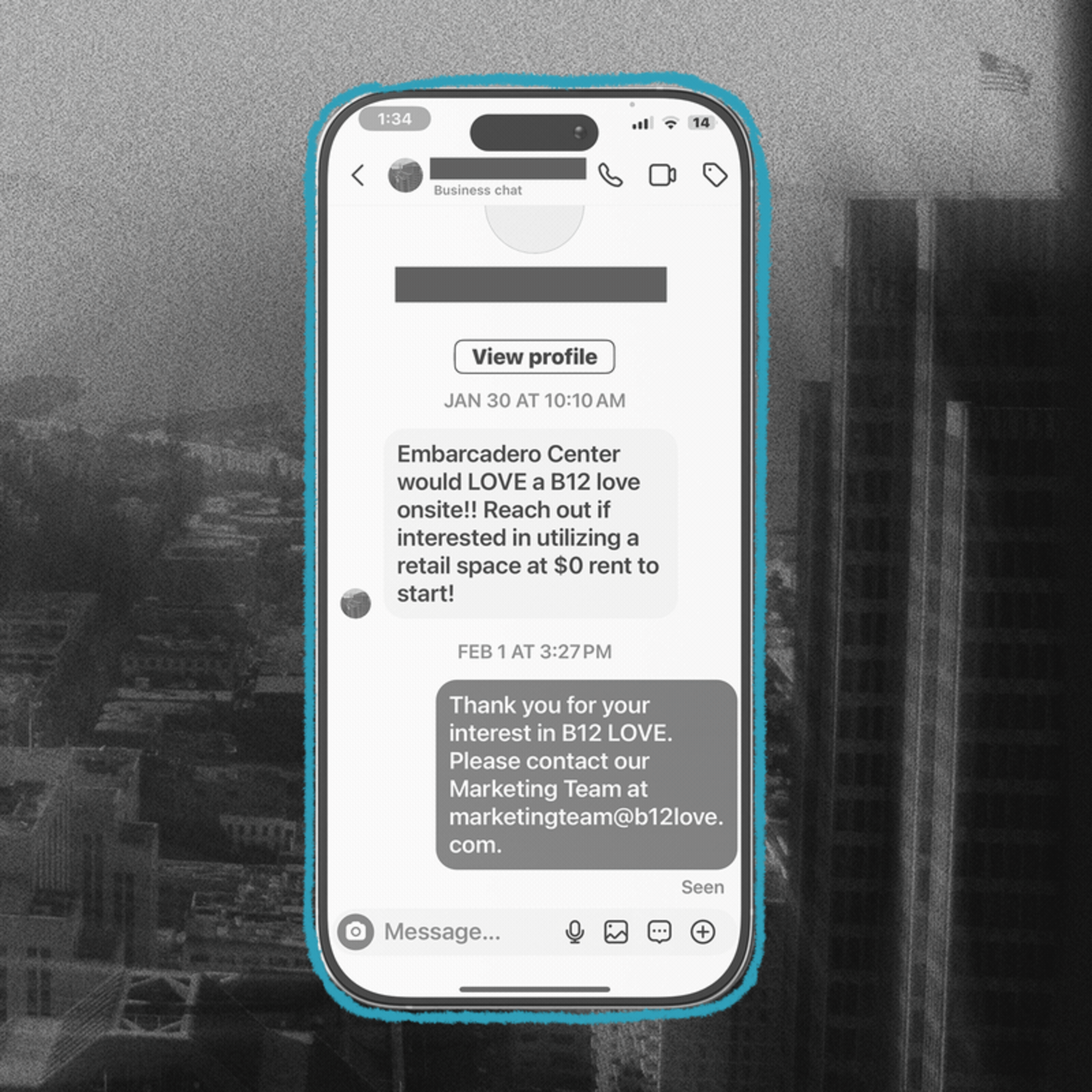 A phone screen displays a chat where Embarcadero Center offers a retail space at $0 rent for a B12 establishment. A response thanks them and provides a contact email.