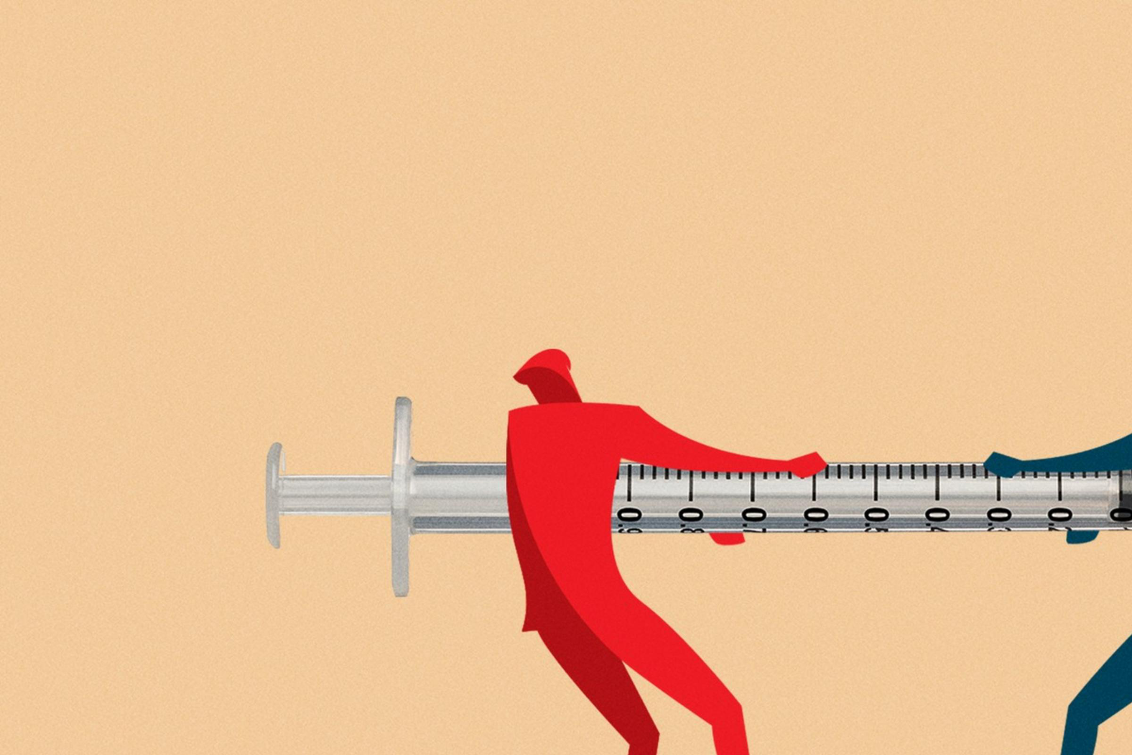 A photo illustration of 2 figures playing tug o war