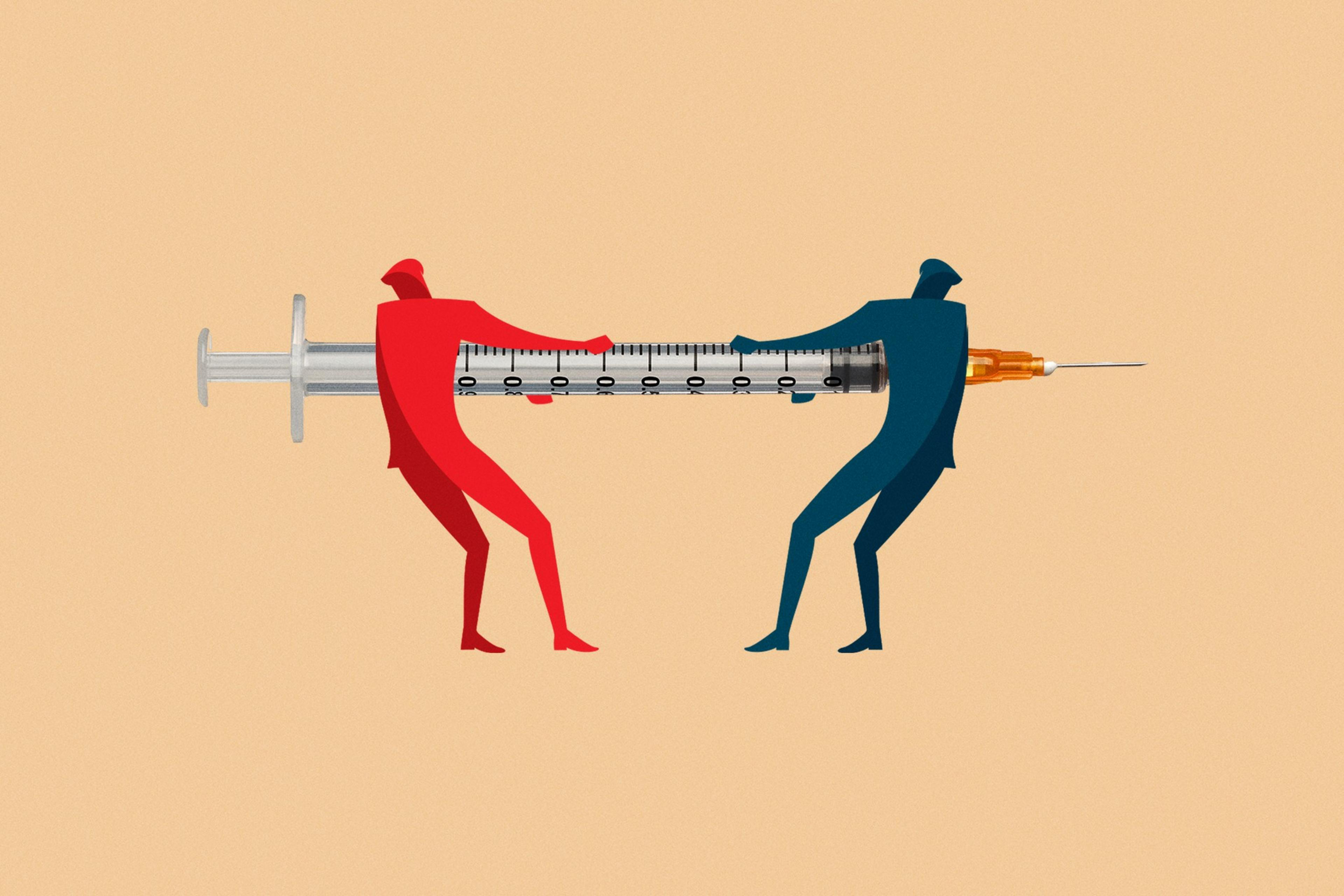 A photo illustration of 2 figures playing tug o war