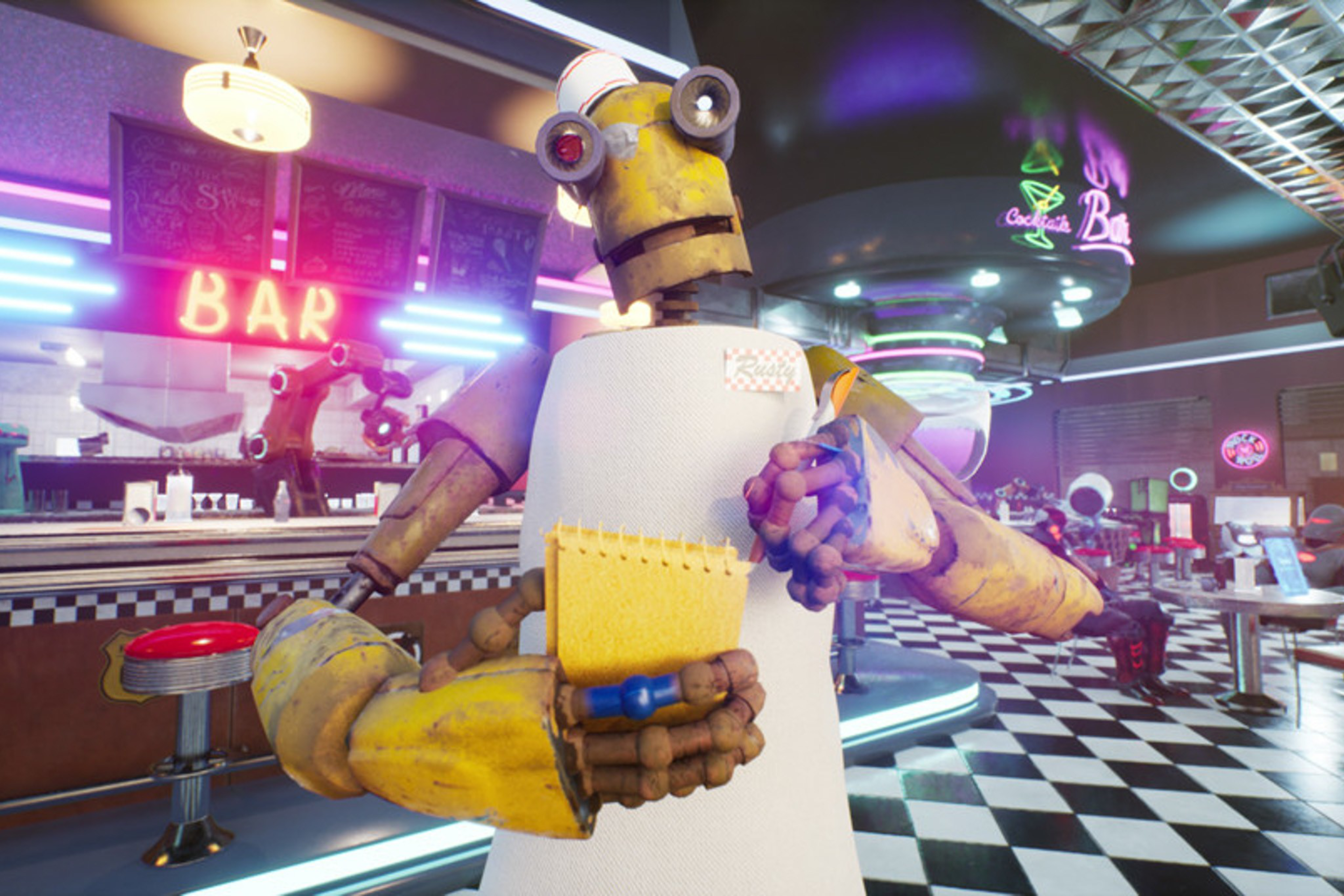 A yellow robot wearing a white apron and a paper hat holds a notepad and pen inside a retro diner with checkered floors and neon signs.