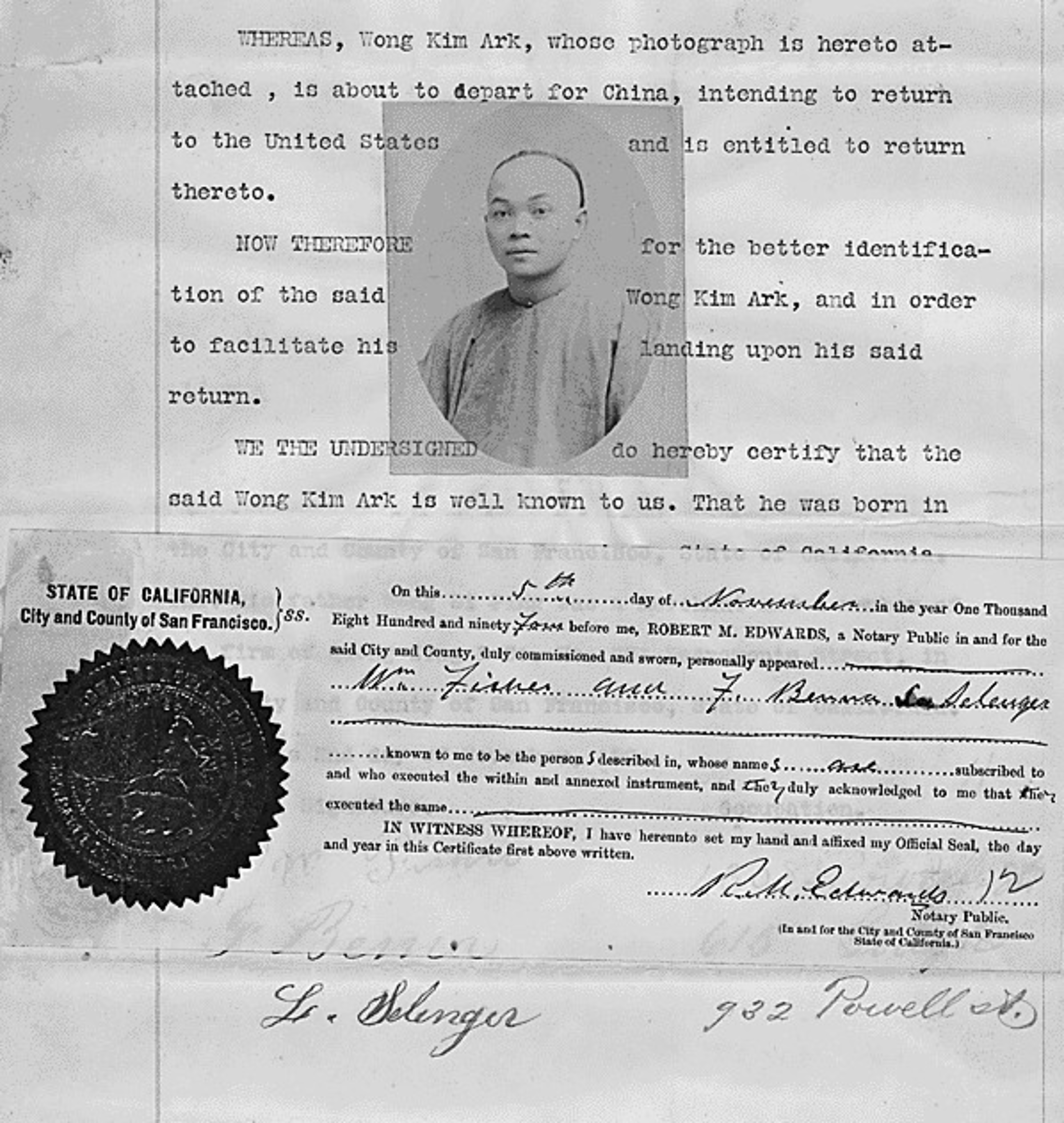 Document certifying Wong Kim Ark's identity with a portrait, notarized in San Francisco, confirming his right to return to the United States from China.