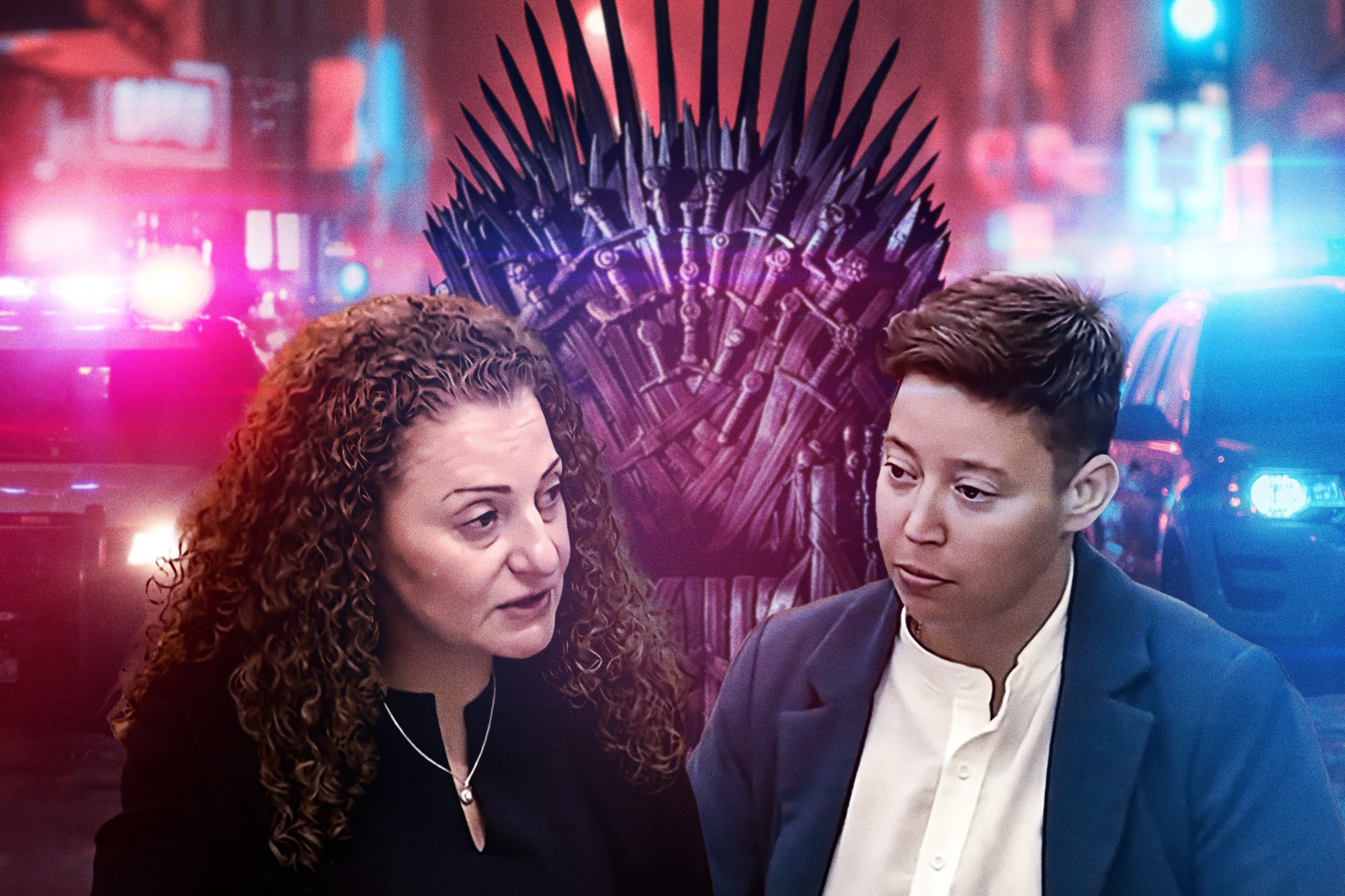 Two people talk in the foreground with a throne made of swords behind them. Police cars with flashing lights are visible in the background.