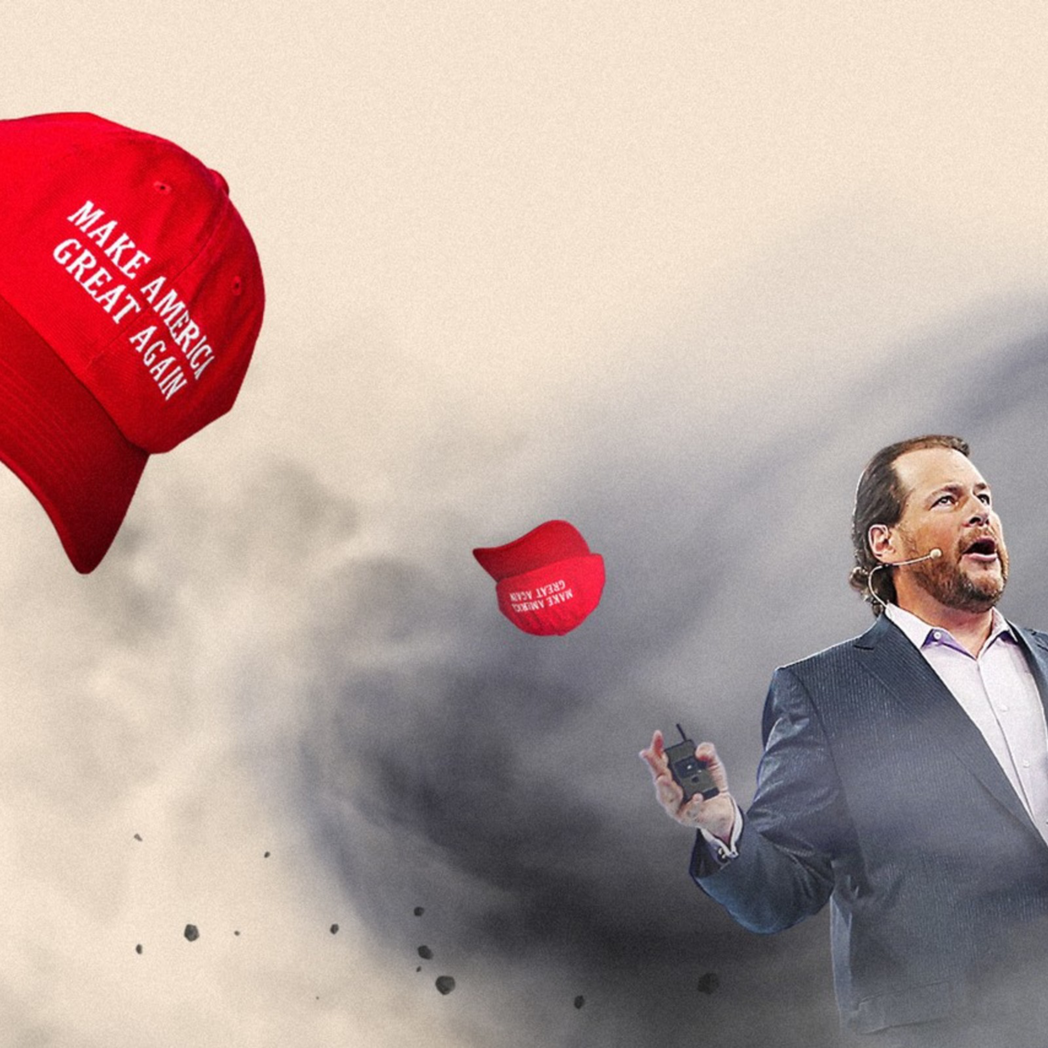 A man and red hats flying inside a tornado.