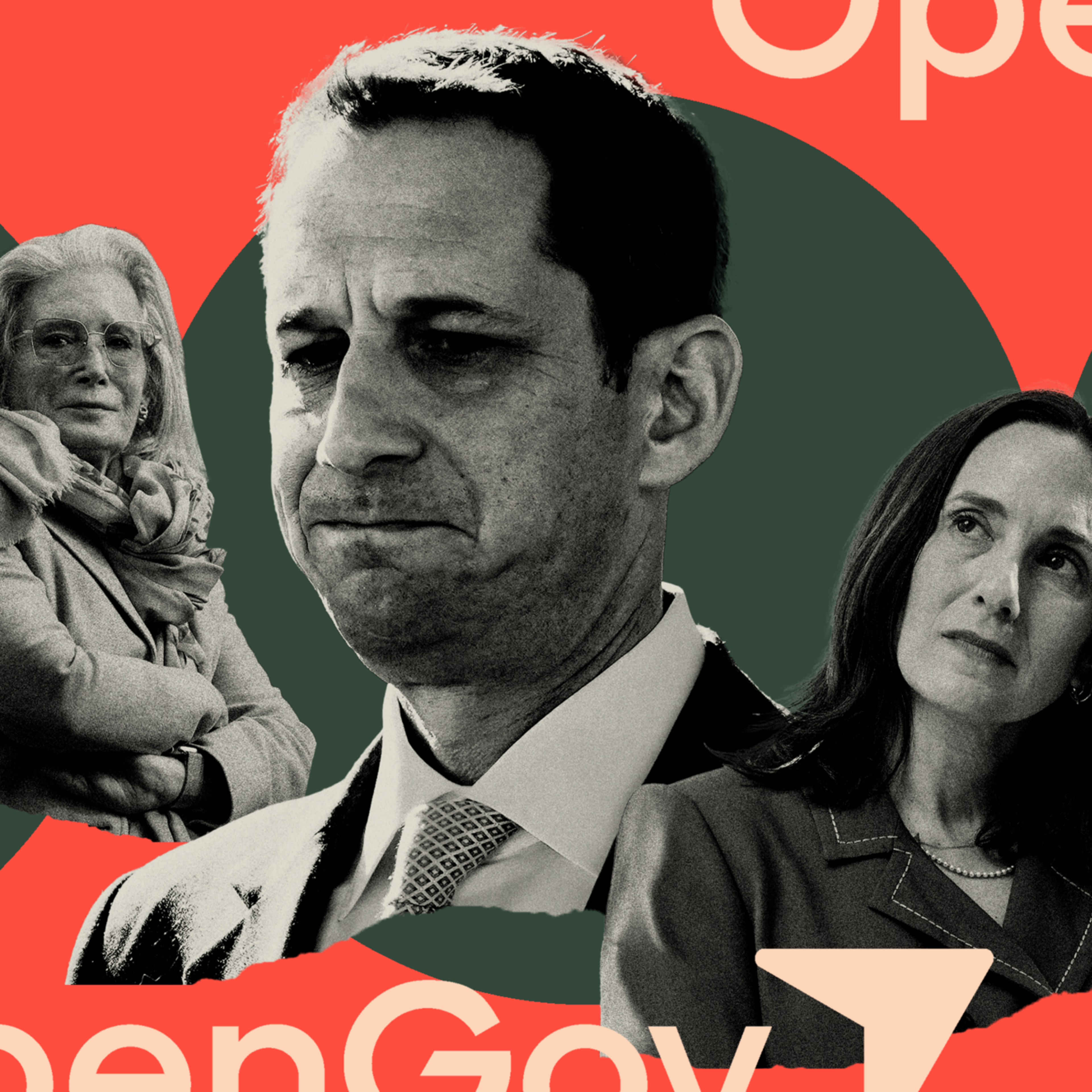 A serious man in a suit is centered, flanked by two women—one with glasses and a scarf, the other with long dark hair—against a red and dark green background.