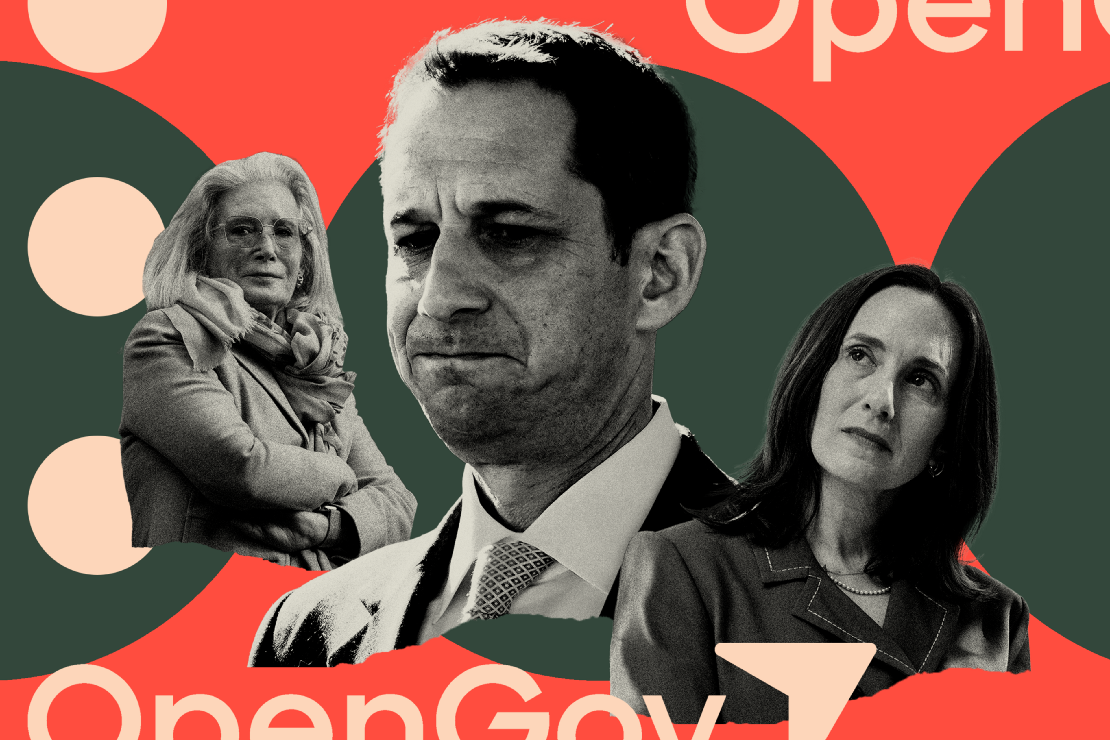 A serious man in a suit is centered, flanked by two women—one with glasses and a scarf, the other with long dark hair—against a red and dark green background.