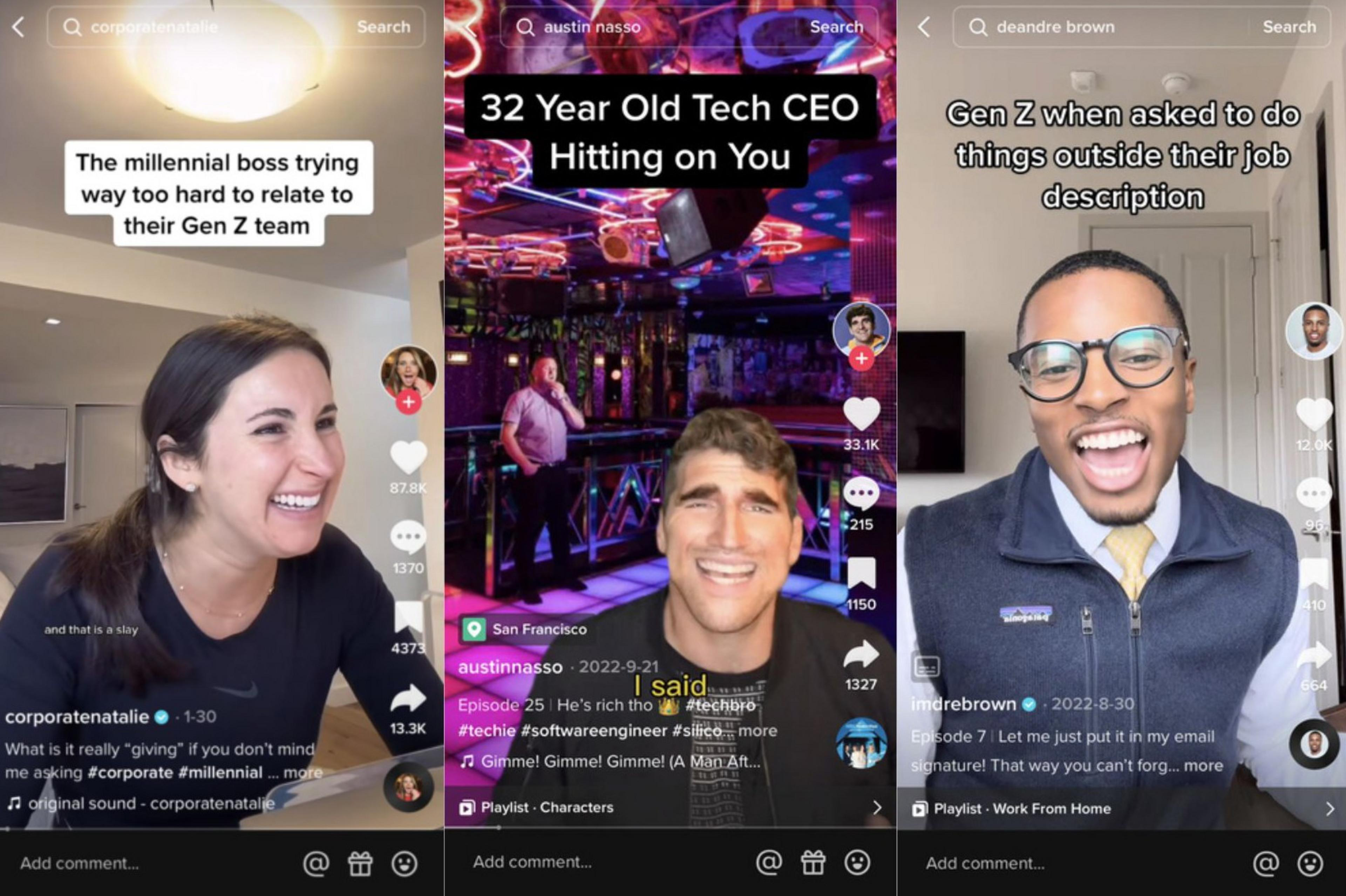 The image shows three people in separate TikTok clips with humorous captions about work dynamics: a millennial boss, a tech CEO, and Gen Z reactions to job tasks.