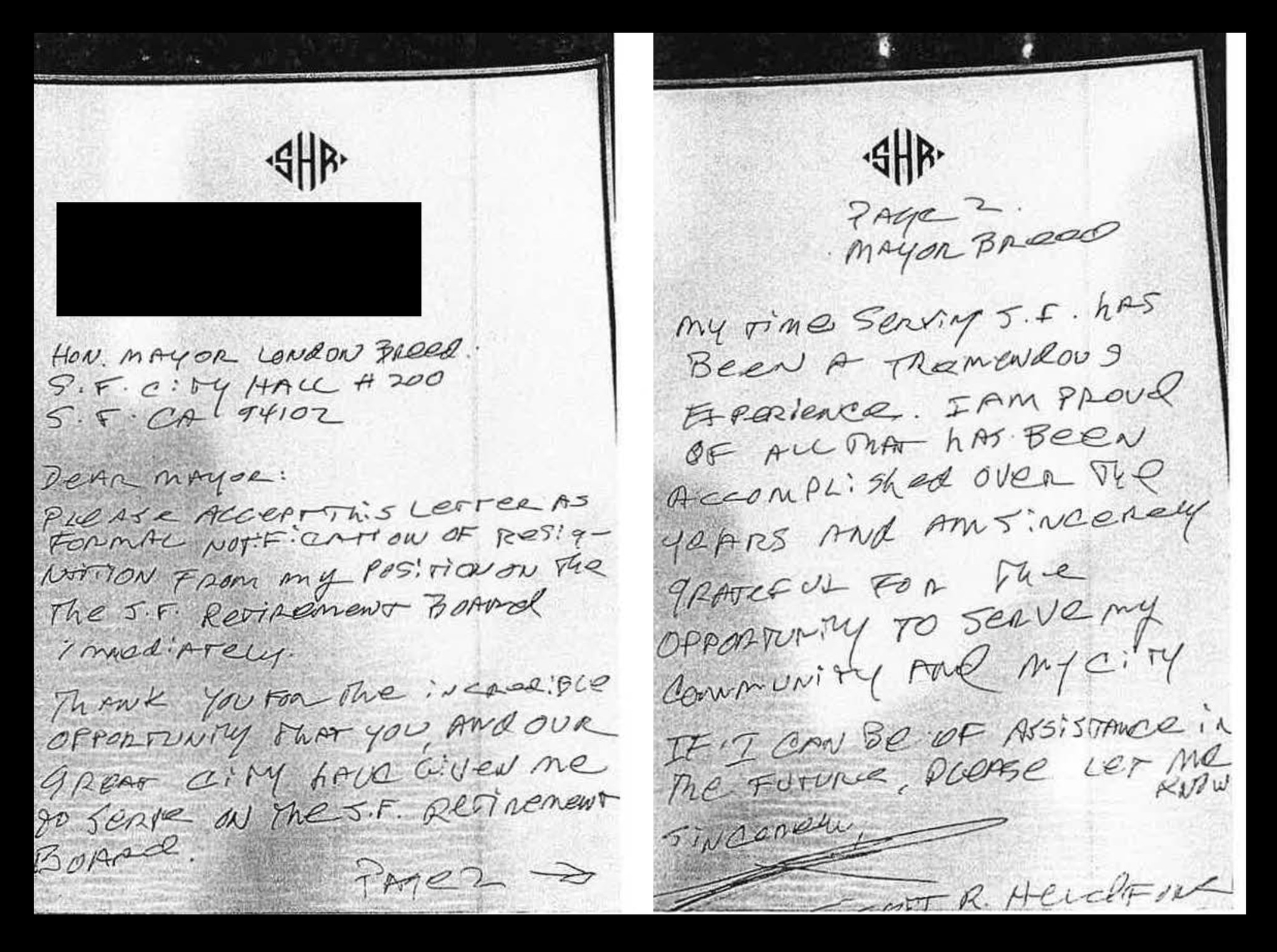 Handwritten two-page letter addressed to Mayor London Breed, thanking for the opportunity to serve on the SF Retirement Board and expressing pride in years of service.