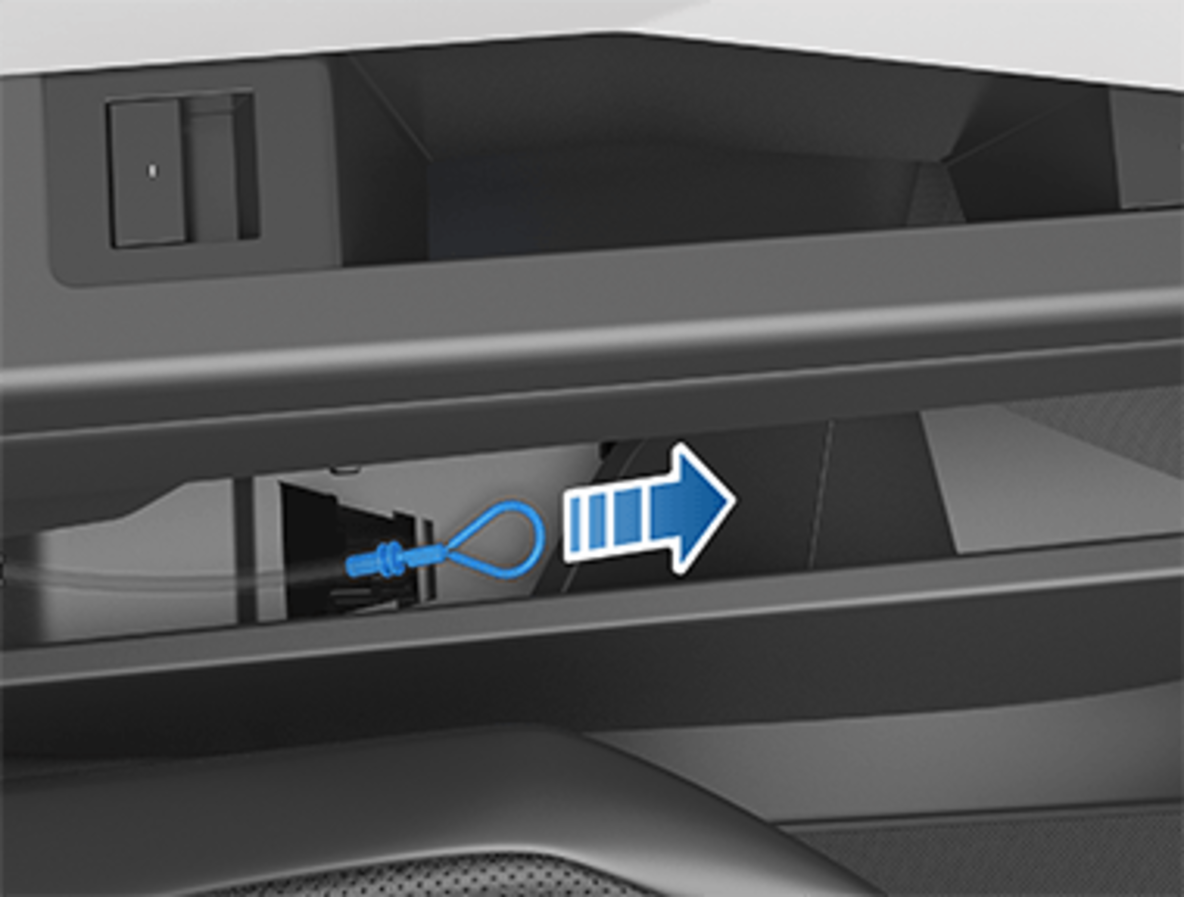 A blue looped cable is shown with a white arrow pointing right, indicating the cable should be pulled or inserted in that direction inside a dark compartment.
