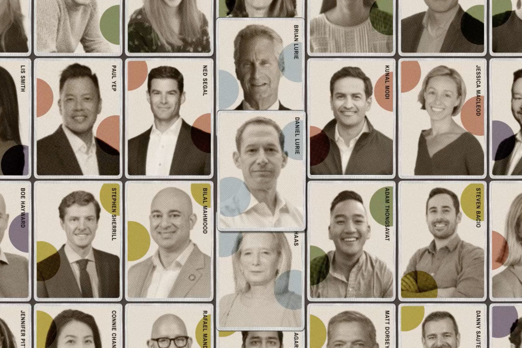 Portraits of diverse professionals arranged in a grid, each with a name label beside their photo on a light background with colorful abstract circles.