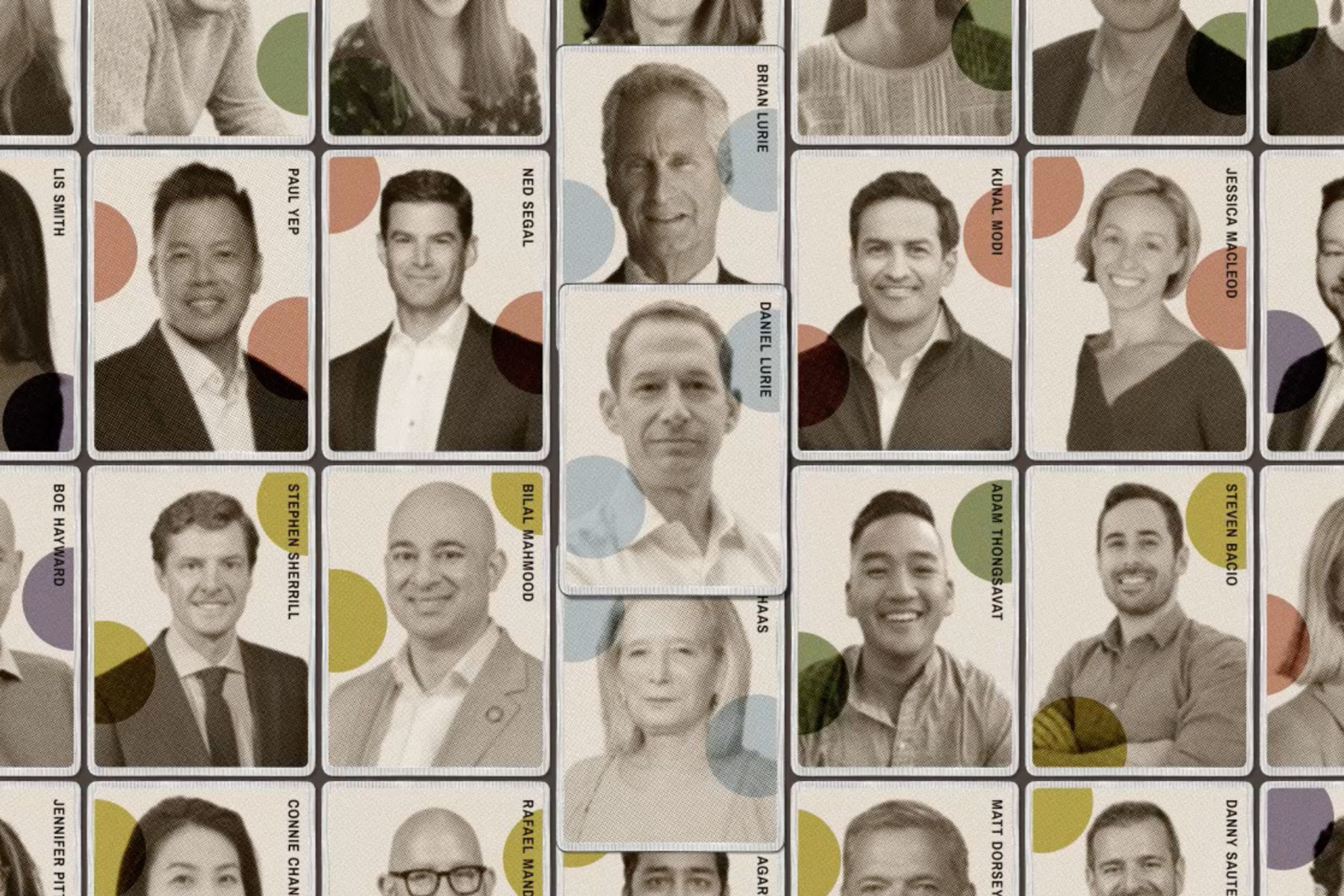 Portraits of diverse professionals arranged in a grid, each with a name label beside their photo on a light background with colorful abstract circles.