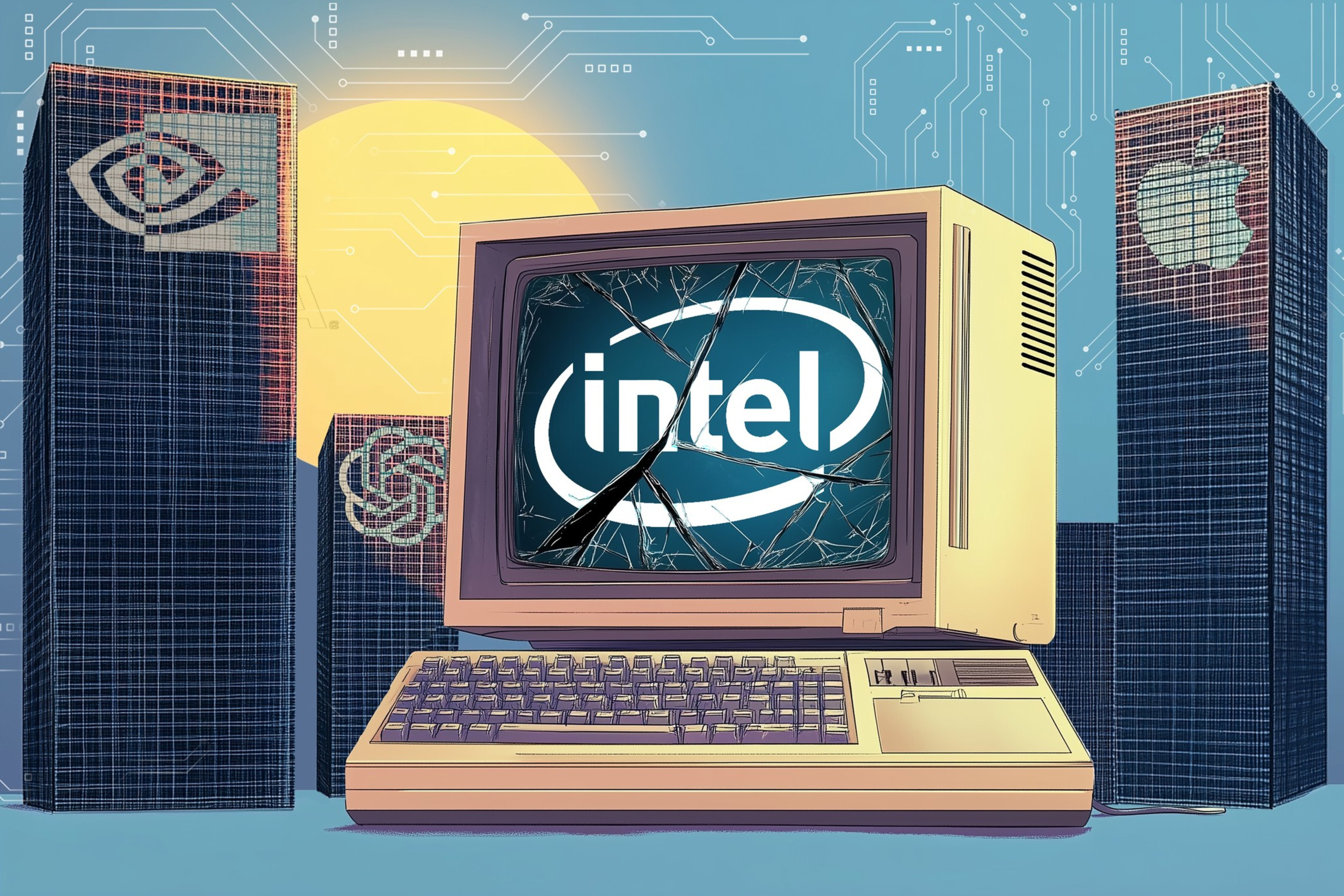 The image depicts a cracked monitor displaying "Intel," surrounded by buildings featuring Nvidia, OpenAI, and Apple logos, with a sun-like background and circuit patterns.