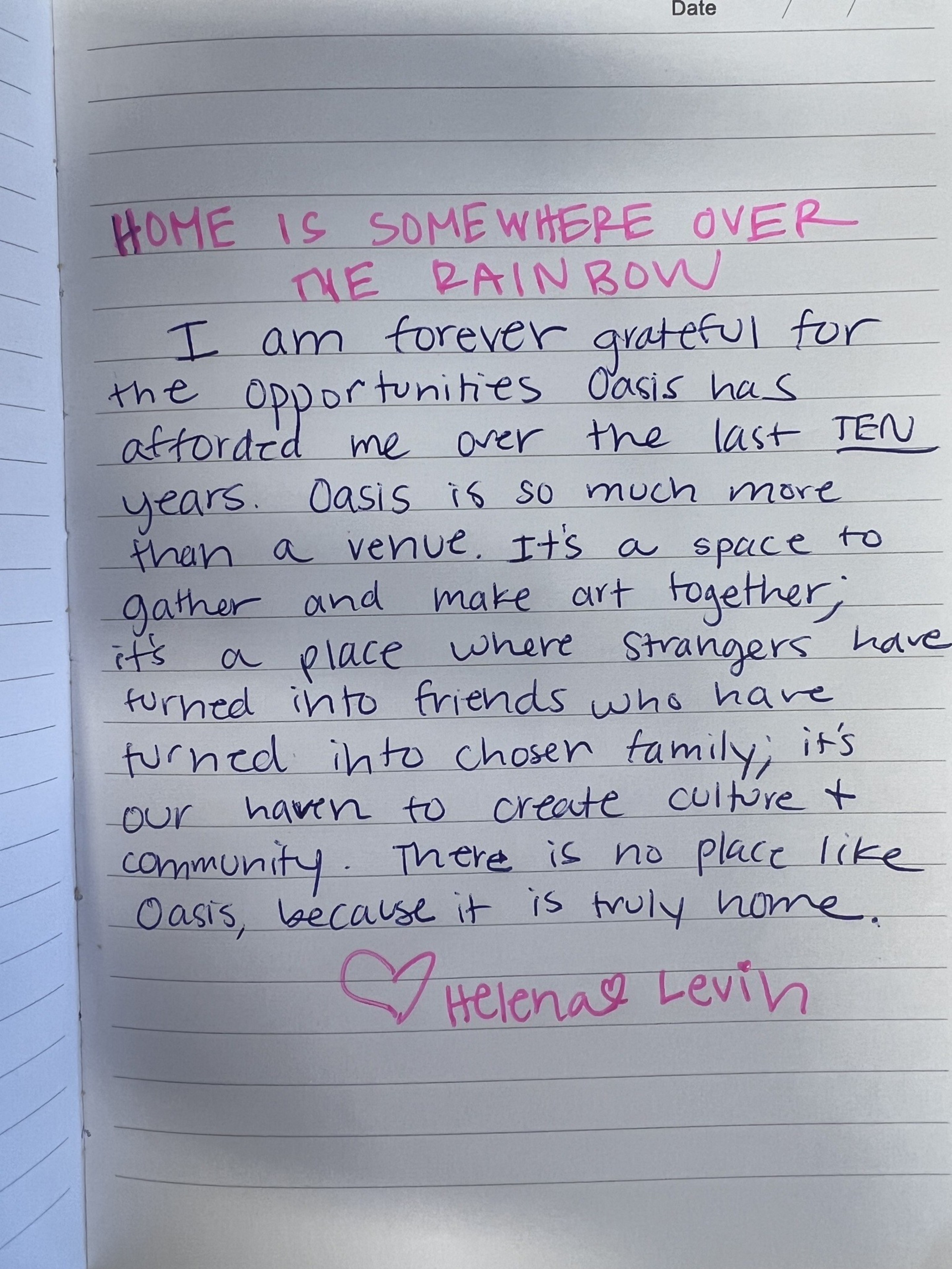 A handwritten note expresses deep gratitude for Oasis, describing it as a creative, welcoming community and a true home, signed by Helena Levin.