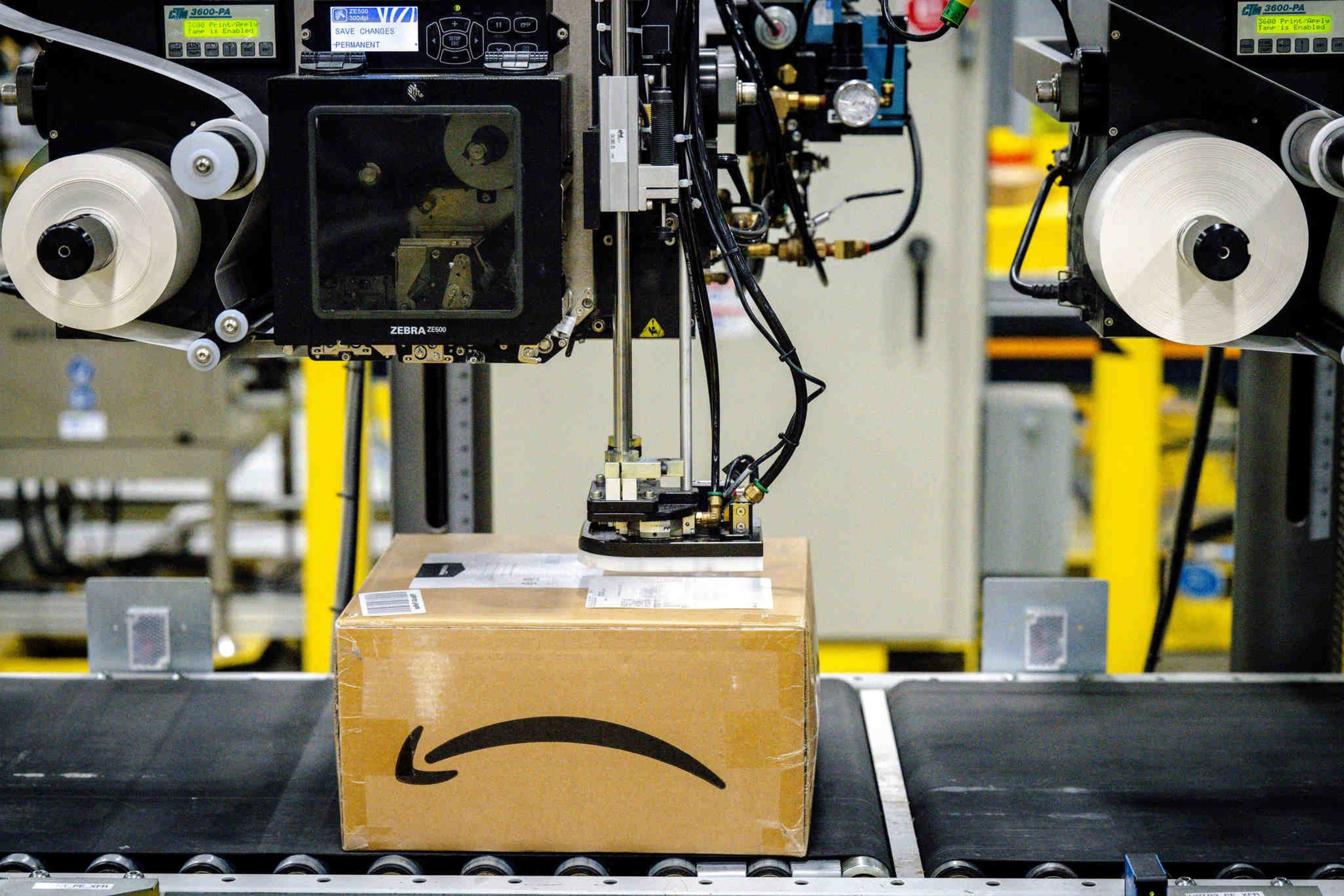 A package on the conveyor belt gets its label at an Amazon fulfillment center.