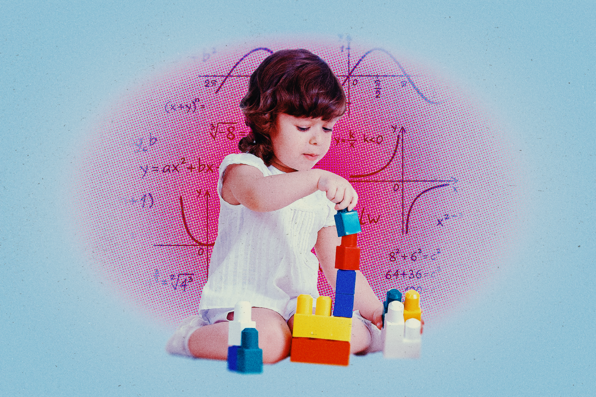 A young child in a white outfit builds a tower with colorful toy blocks, with mathematical graphs and equations faintly overlaid behind them.