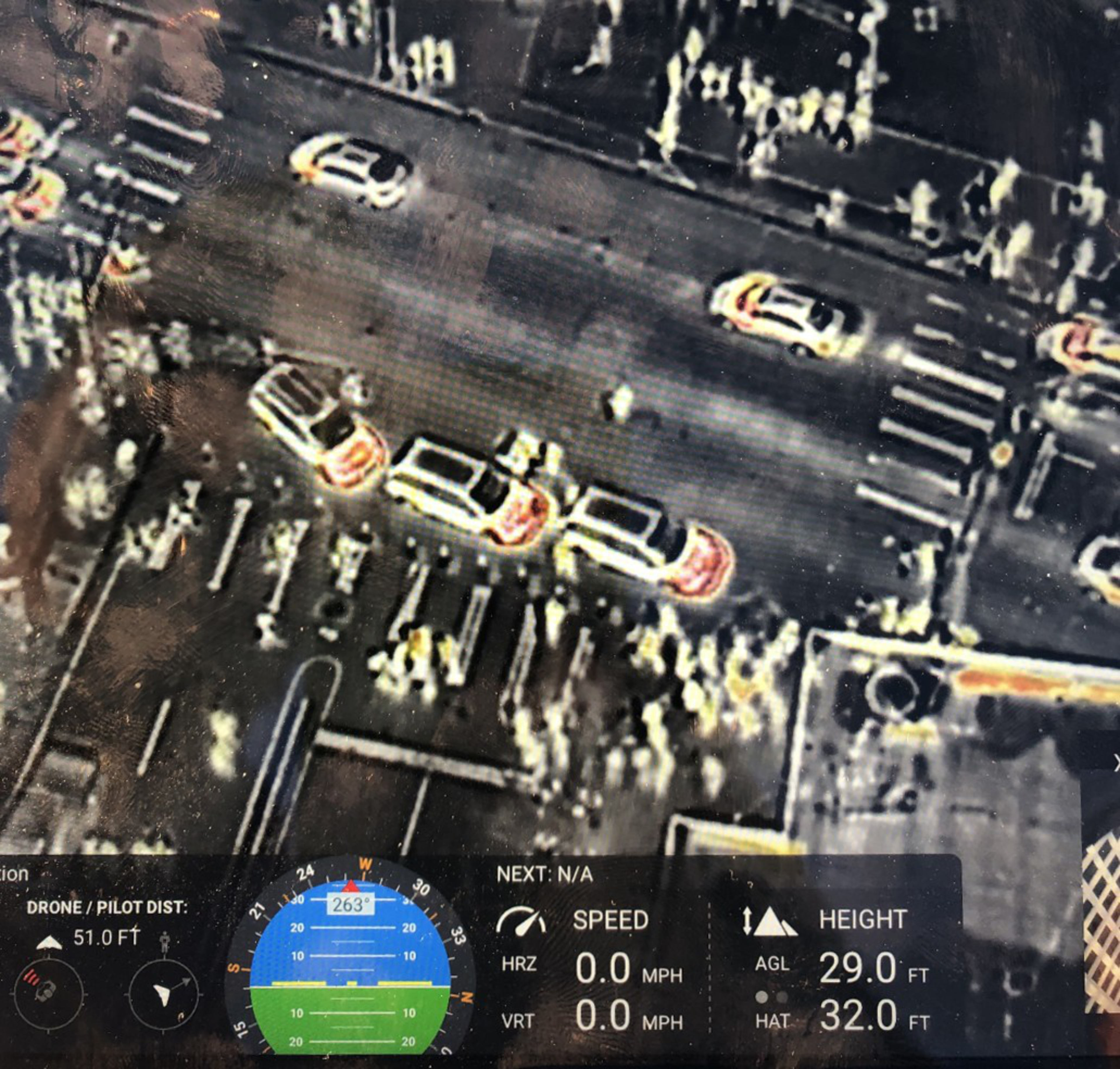 A view of pedestrian and automobile traffic at night from a Skyfire dron