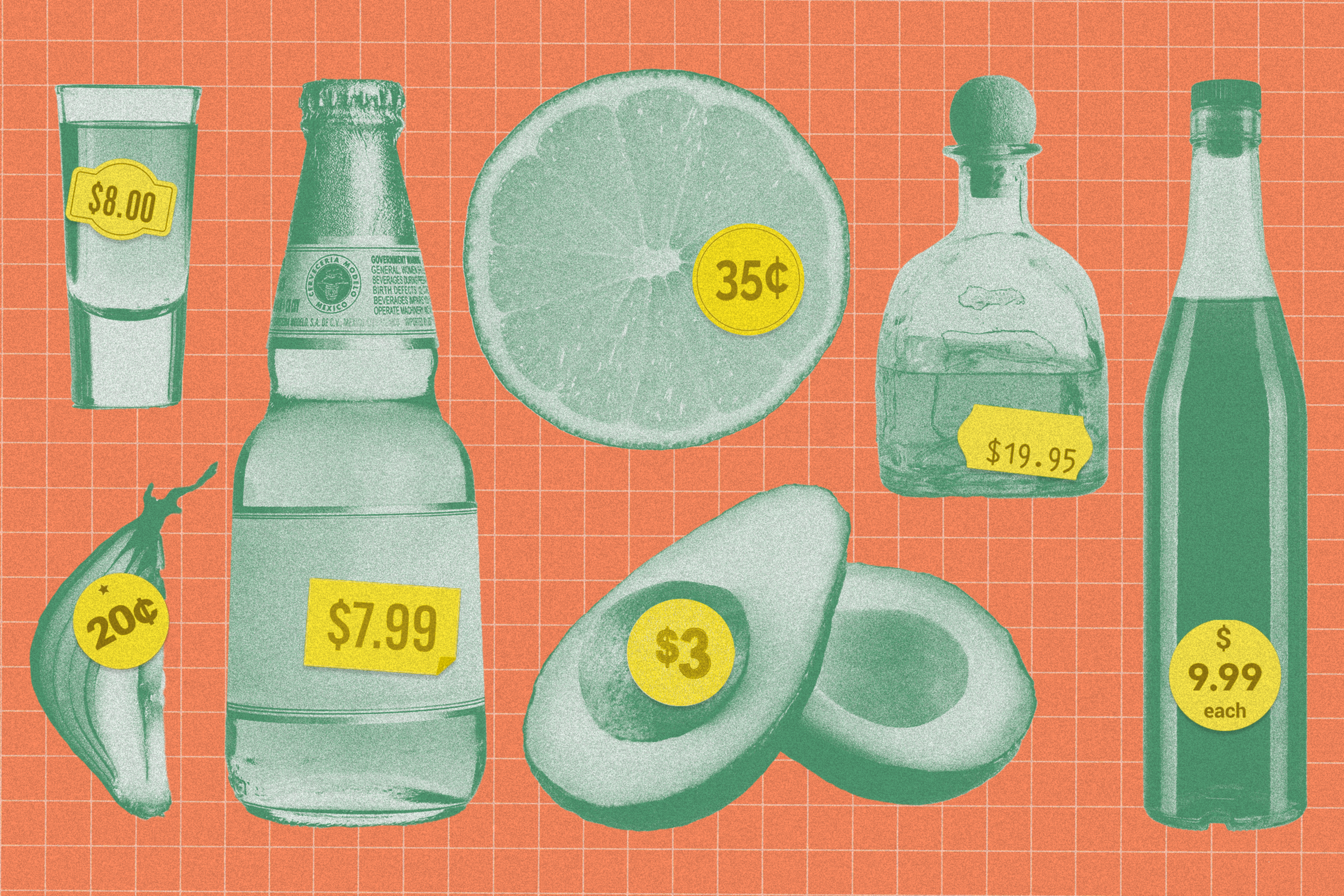 The image shows items with prices: a $7.99 beer, a $3 avocado, a $19.95 bottle, a 35Â¢ lime, an 8Â¢ shot, a 20Â¢ chili, and a $9.99 bottle on an orange grid background.