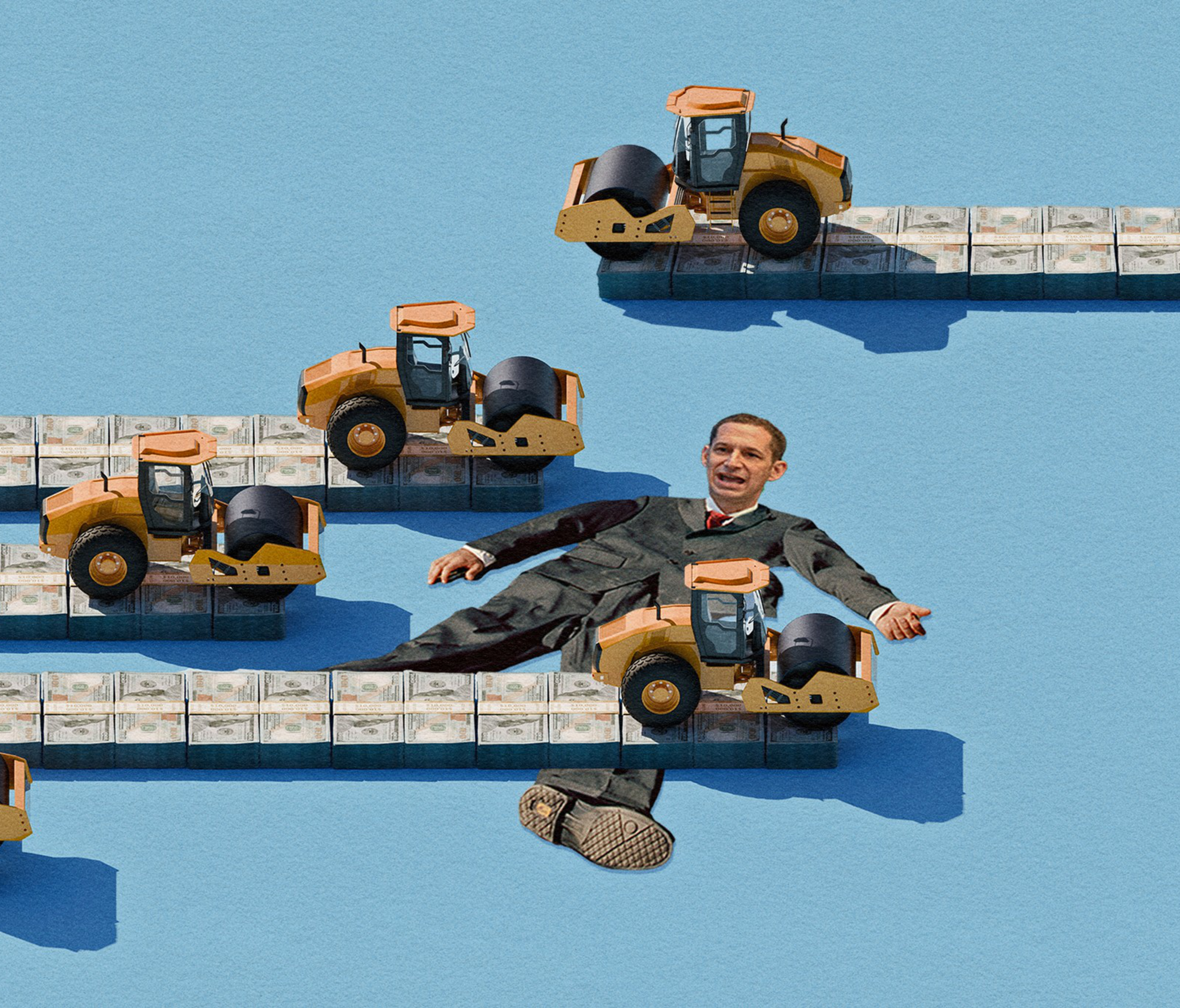 A photo illustration of a man getting run over by several steamrollers.