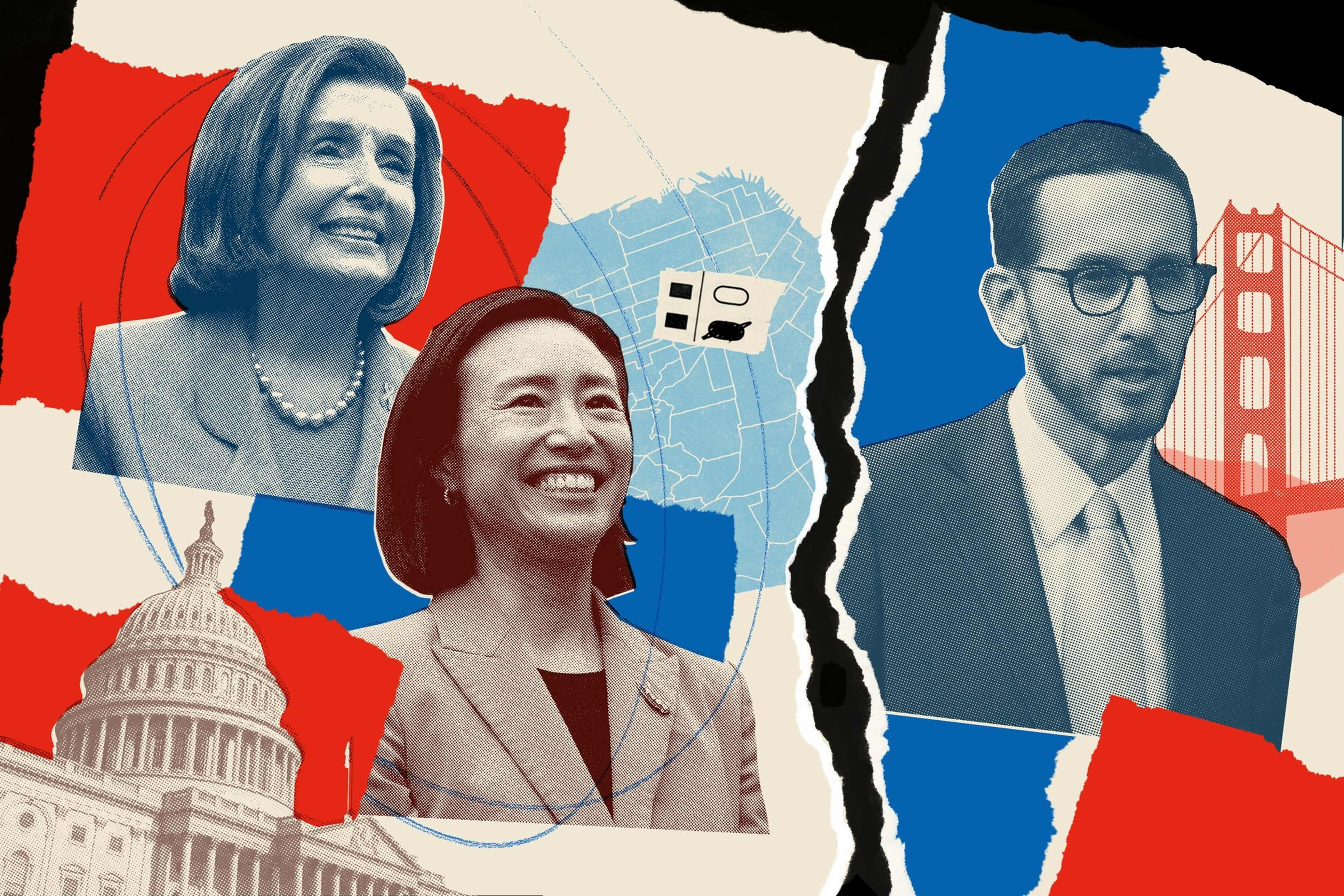Three people appear against a torn paper background with blue and red accents, featuring the U.S. Capitol, Golden Gate Bridge, and a city map.