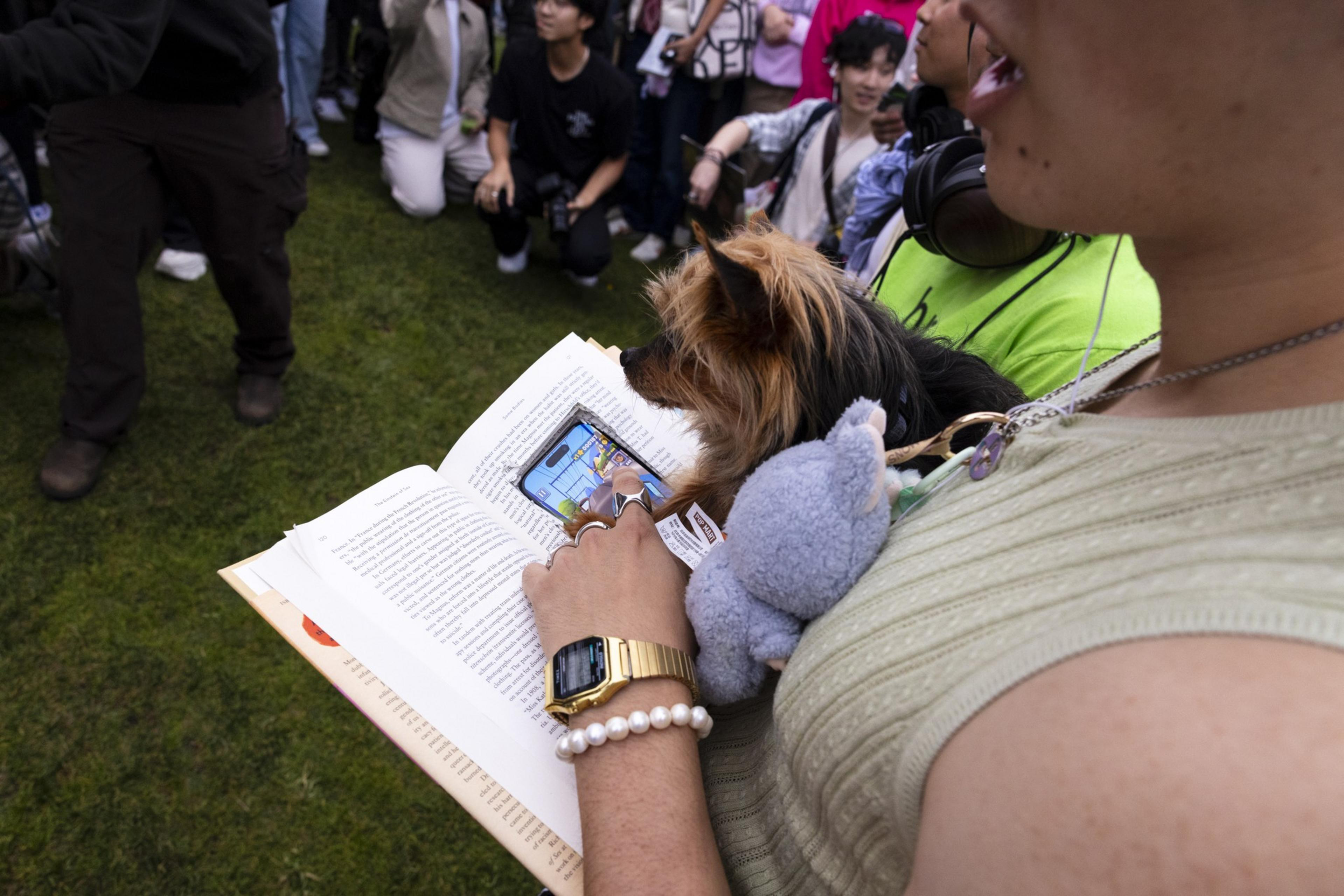 A person holds an open book with a small dog and a plush toy tucked inside, while a smartphone displays a game on the book's pages outdoors.
