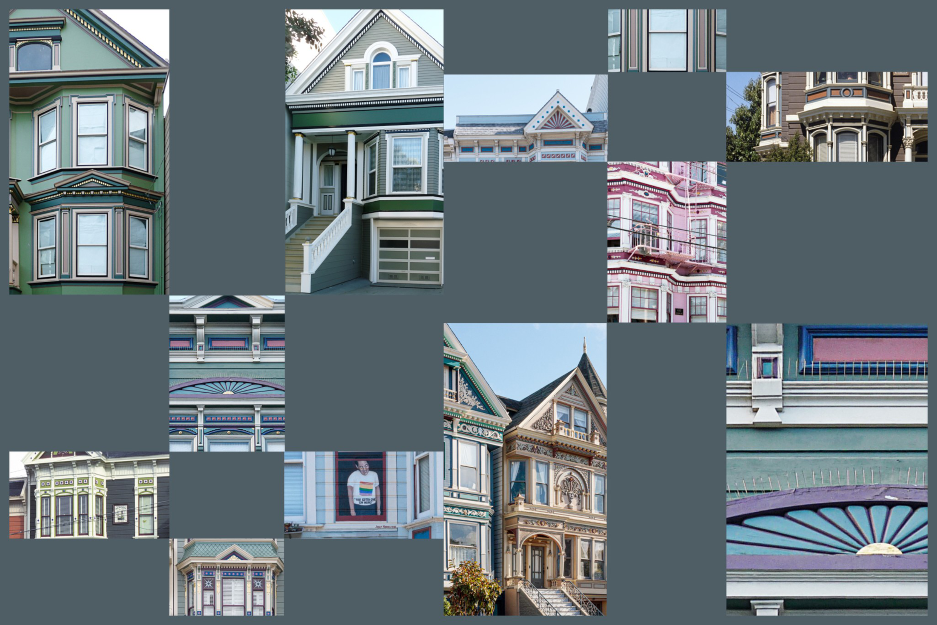 Various detailed architectural elements of colorful Victorian-style houses, including windows, ornate trims, porches, and decorative eaves.