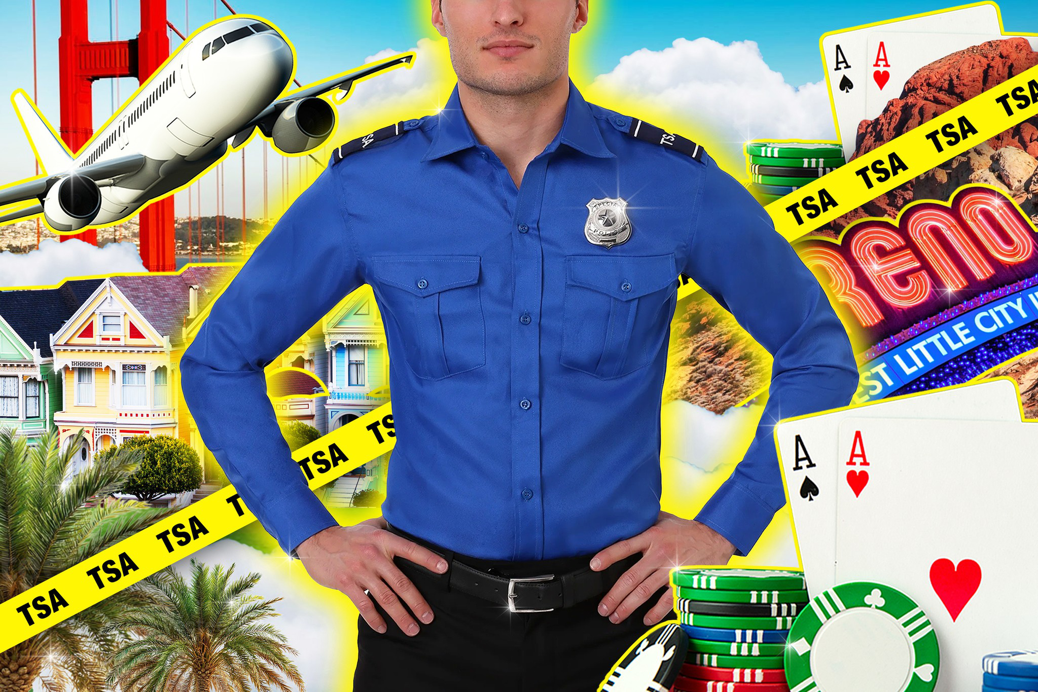 The image shows a TSA officer in a blue uniform with various travel-related items like a plane, poker chips, an airport sign, and houses. Yellow TSA tape frames the scene.