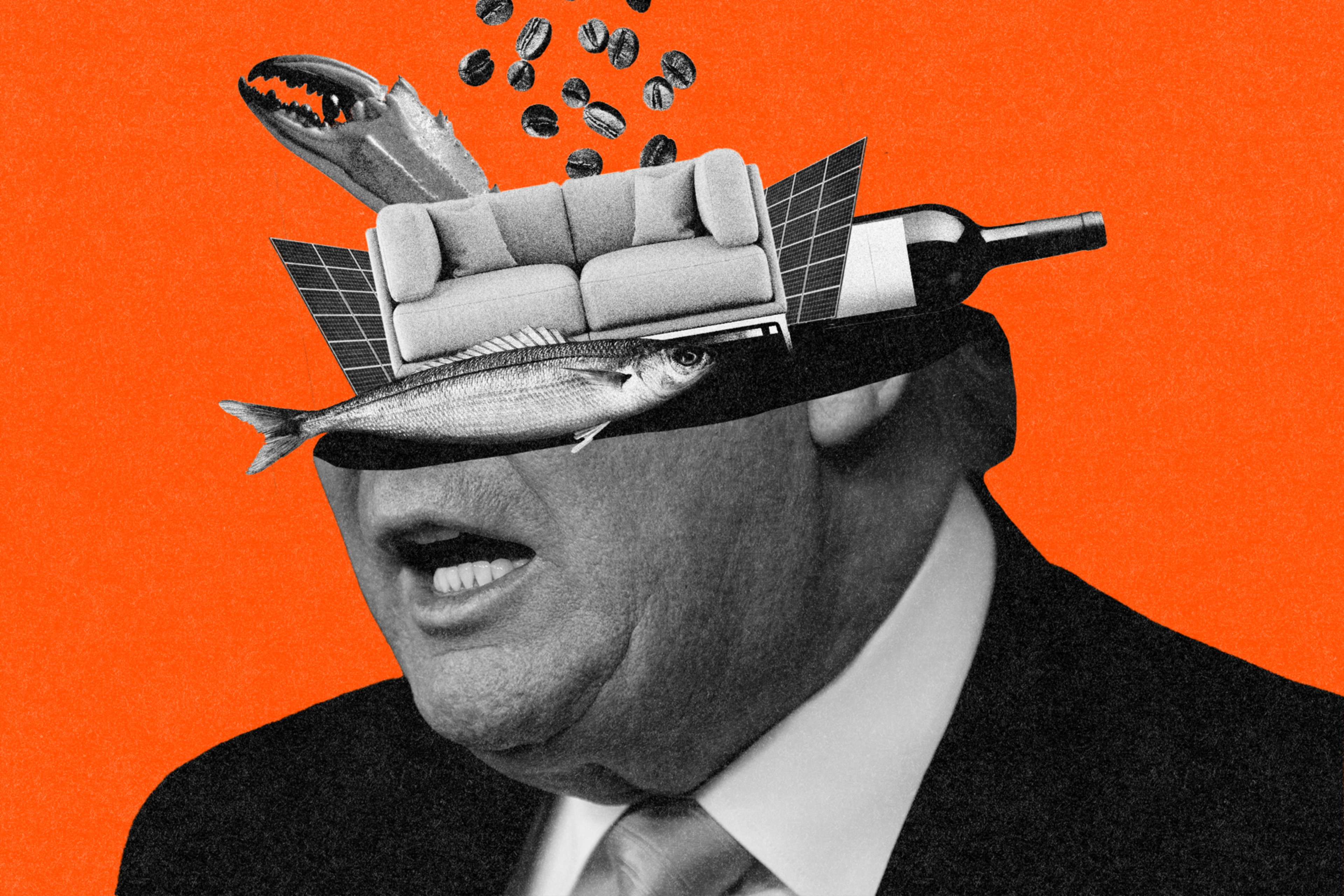 A surreal collage shows a man's lower face with various objects above, like a fish, sofa, wine bottle, and a lobster claw, set against an orange background.