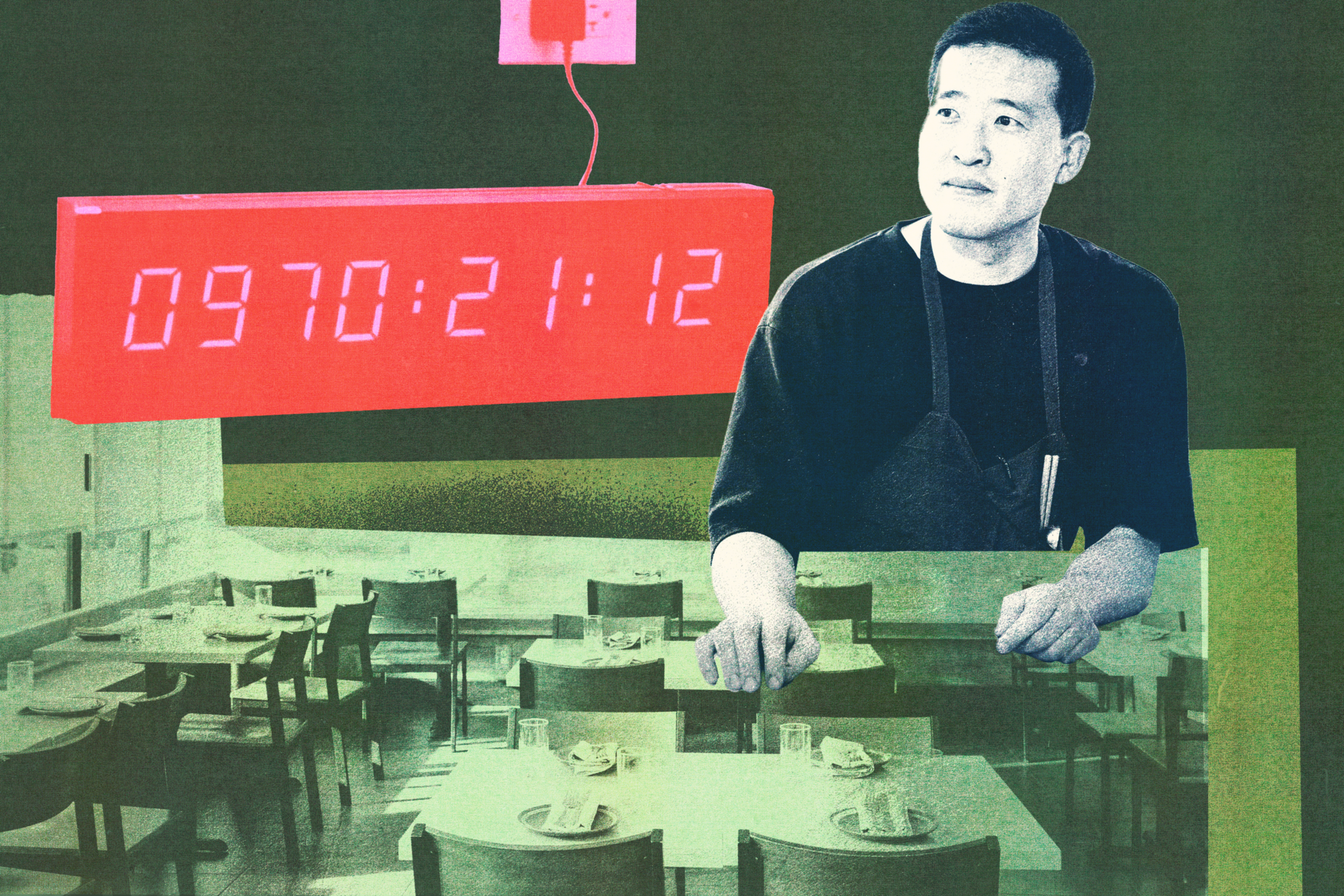 A man in a black apron stands in front of empty restaurant tables with a large digital red timer overhead showing 0970:21:12.