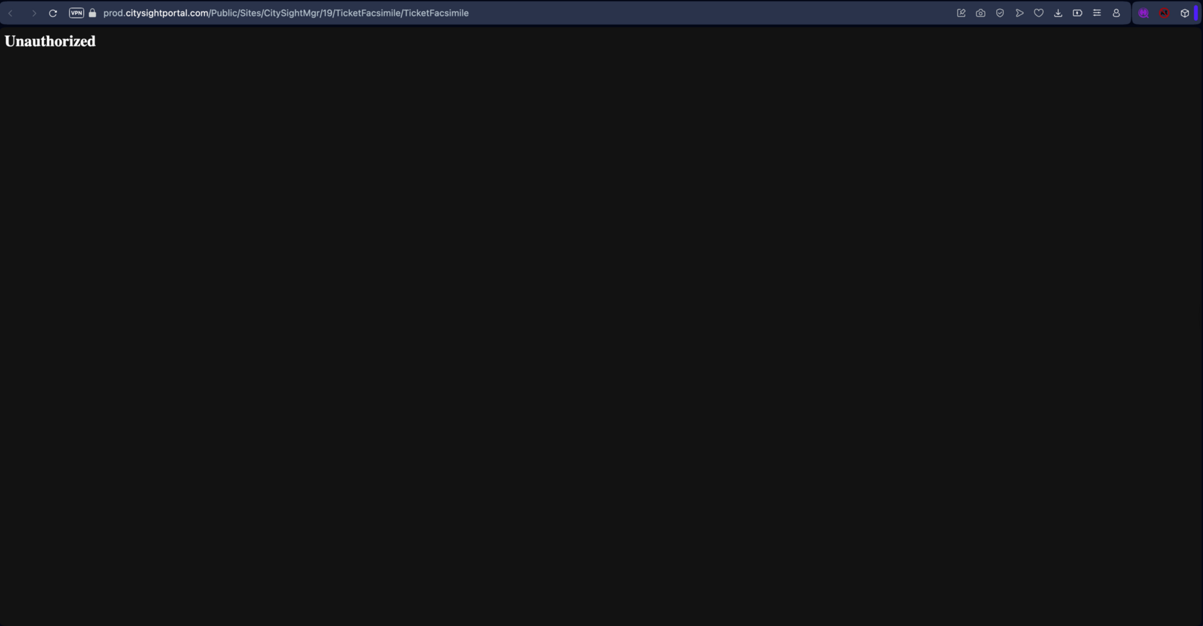 Unauthorized error message is displayed on a black screen with white text in a browser window.