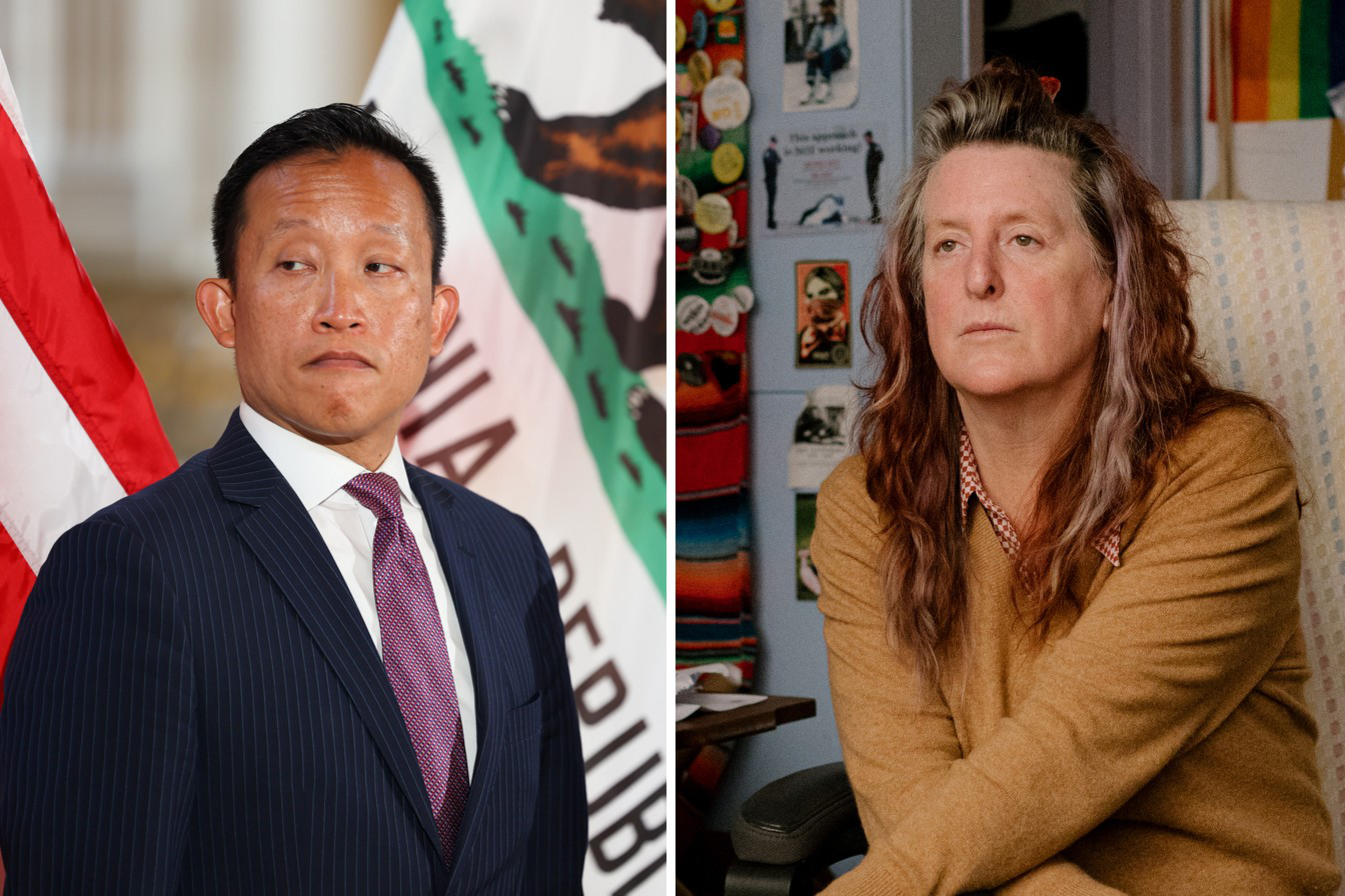 A man in a dark pinstripe suit and purple tie stands in front of flags, while a woman with long hair in a brown sweater sits in a cluttered room, looking thoughtful.