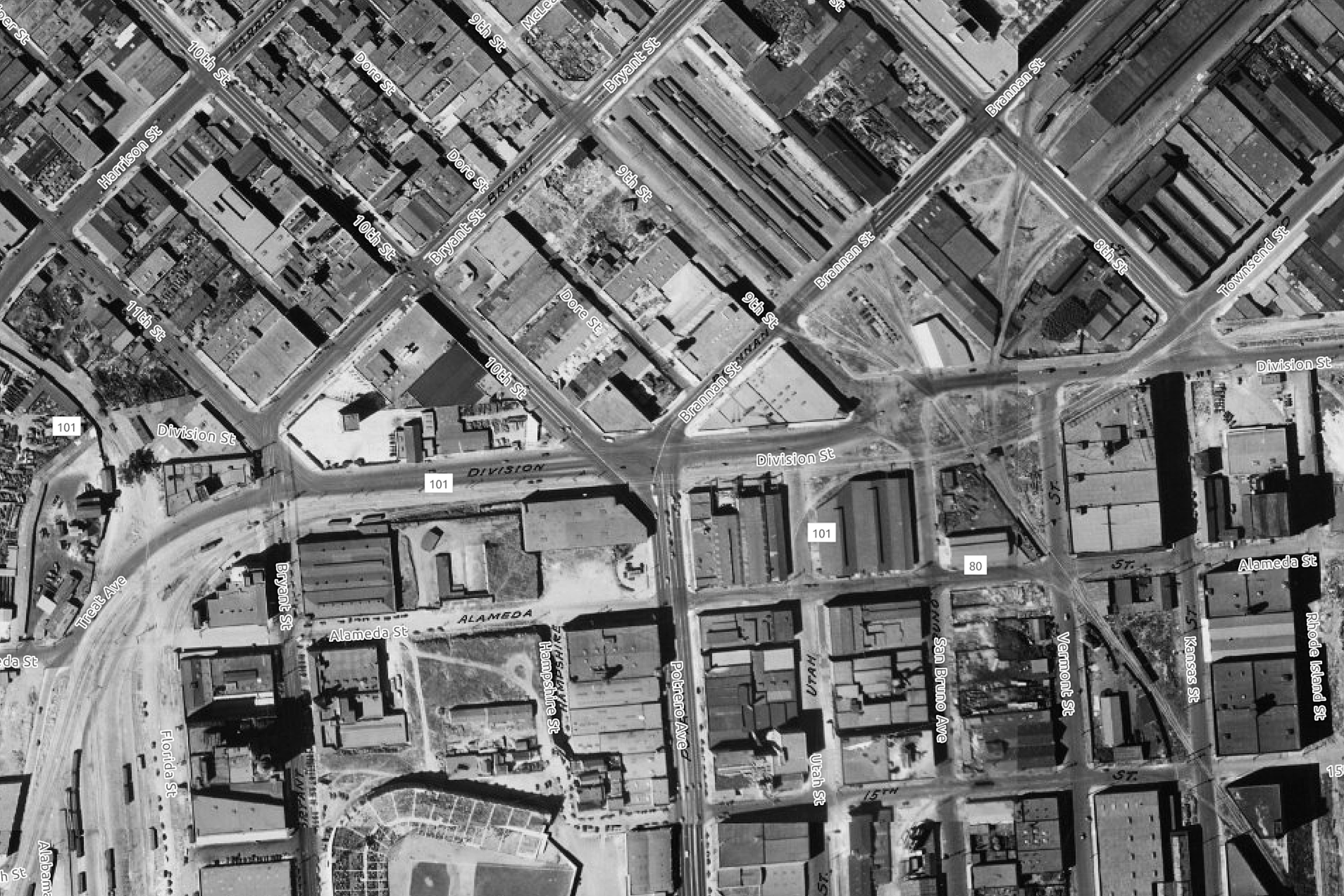 An aerial view of where above Division and Potrero Streets in 1938 which later became the location where US-101 & I-80 highway would intersect.