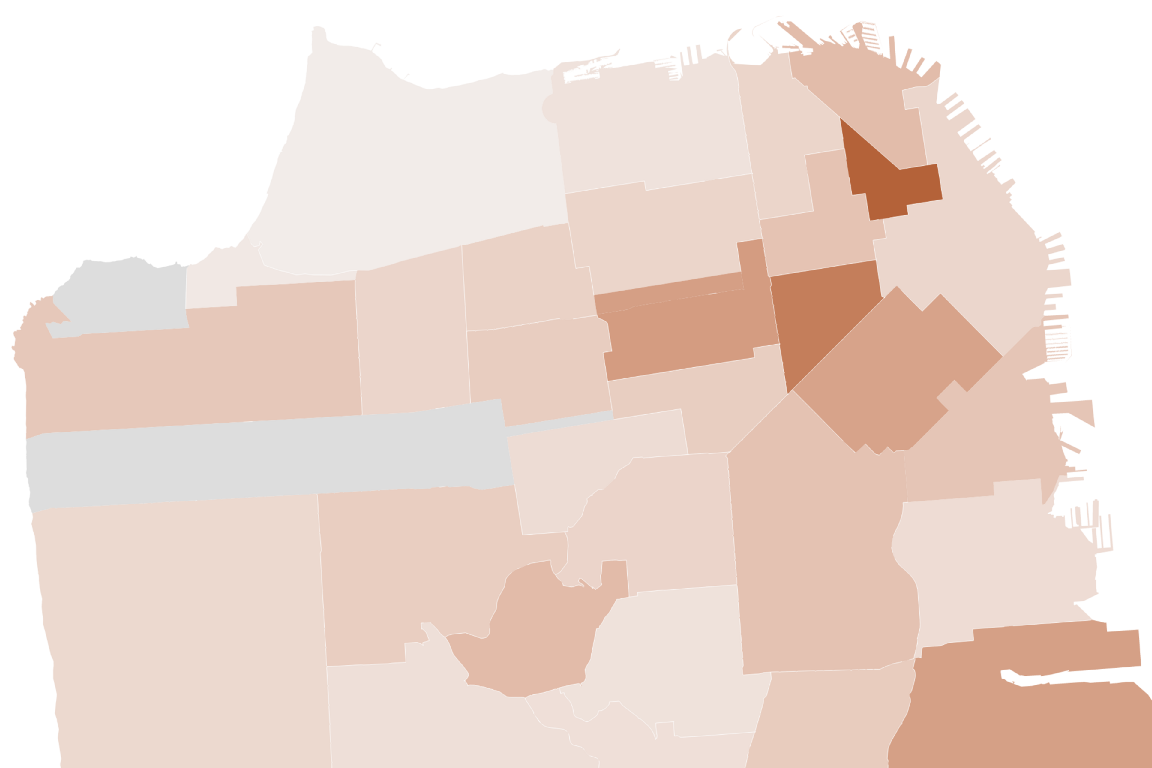 San Francisco neighborhoods shaded in varying brown tones, with some areas darker indicating higher intensity or concentration of data.
