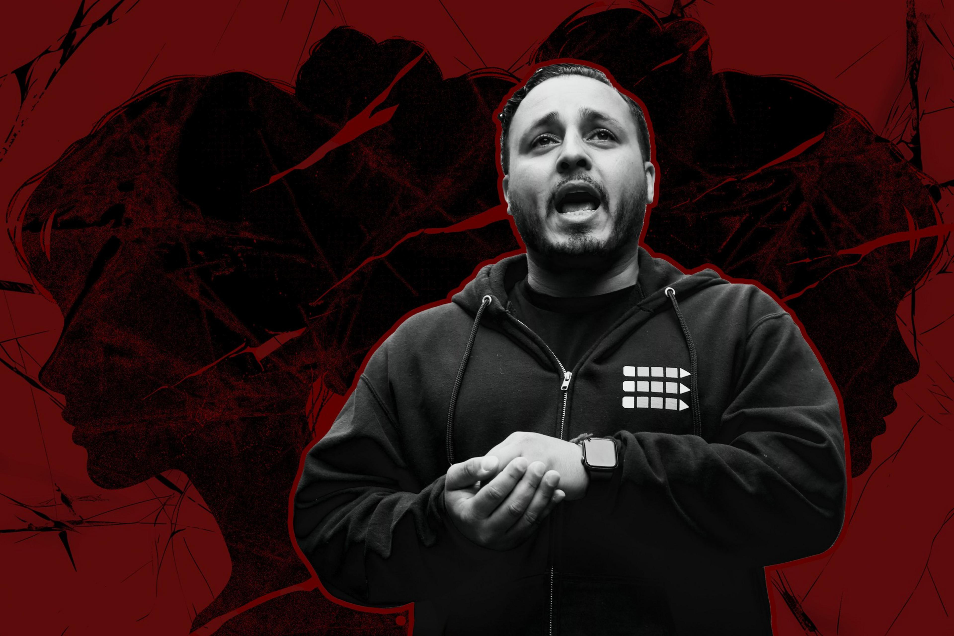 Kevin Ortiz in a dark hoodie speaks passionately against a red background with faint female silhouettes and dark abstract shapes.