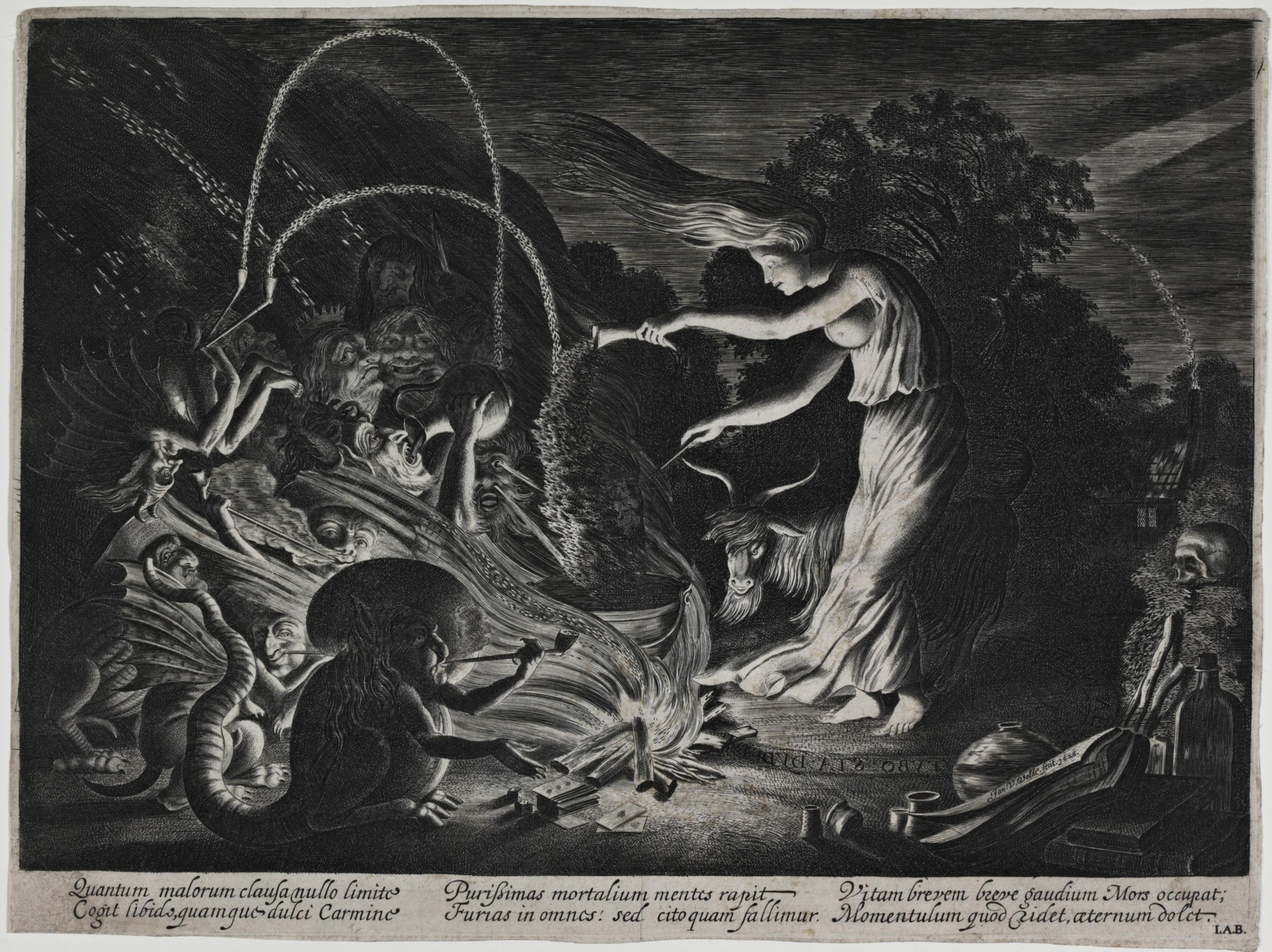 A woman with flowing hair and a white dress stands on a seal, reaching toward demonic creatures and a fire surrounded by eerie figures and a goat.