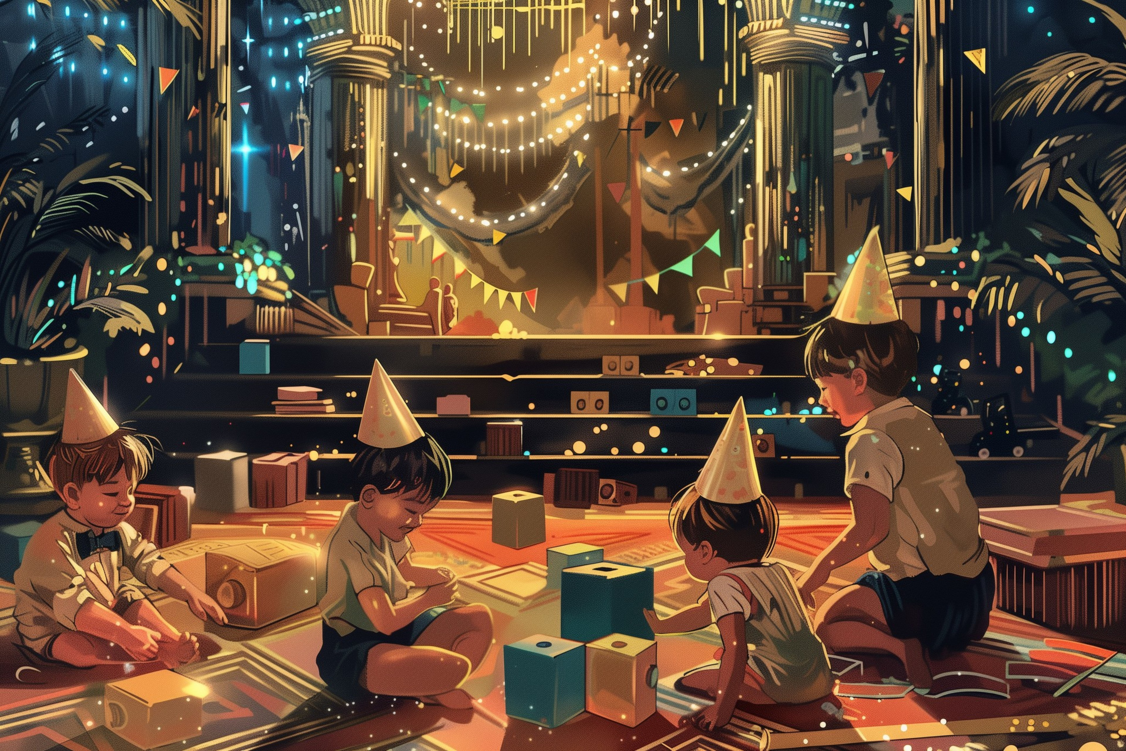 Four children in party hats play with building blocks on a colorful rug in a festive environment with hanging lights, decorations, and columns bathed in warm, soft lighting.