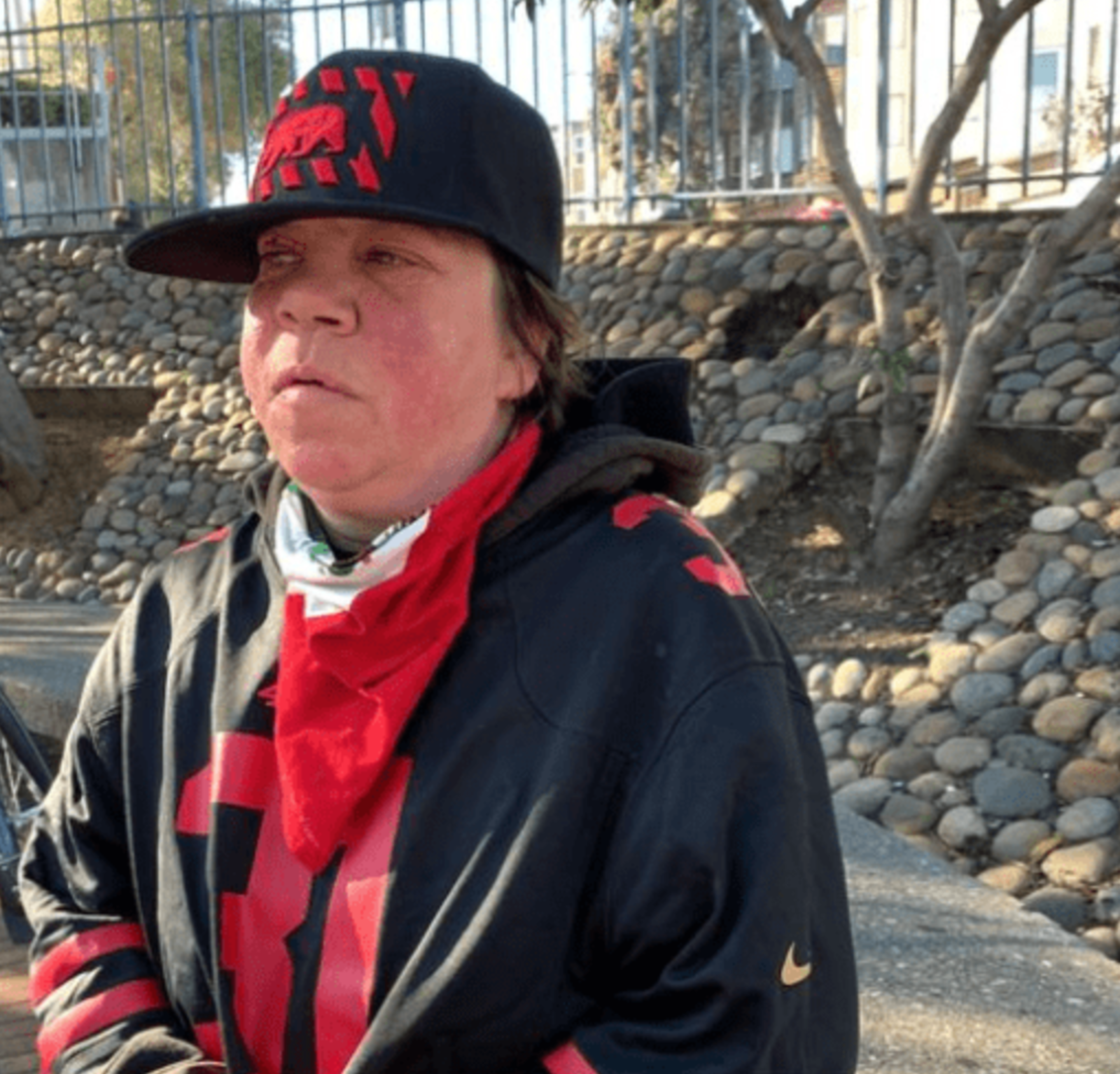 A person in a black cap and hoodie with a red neck scarf is outdoors, gazing to the side, with trees and rocks in the background.
