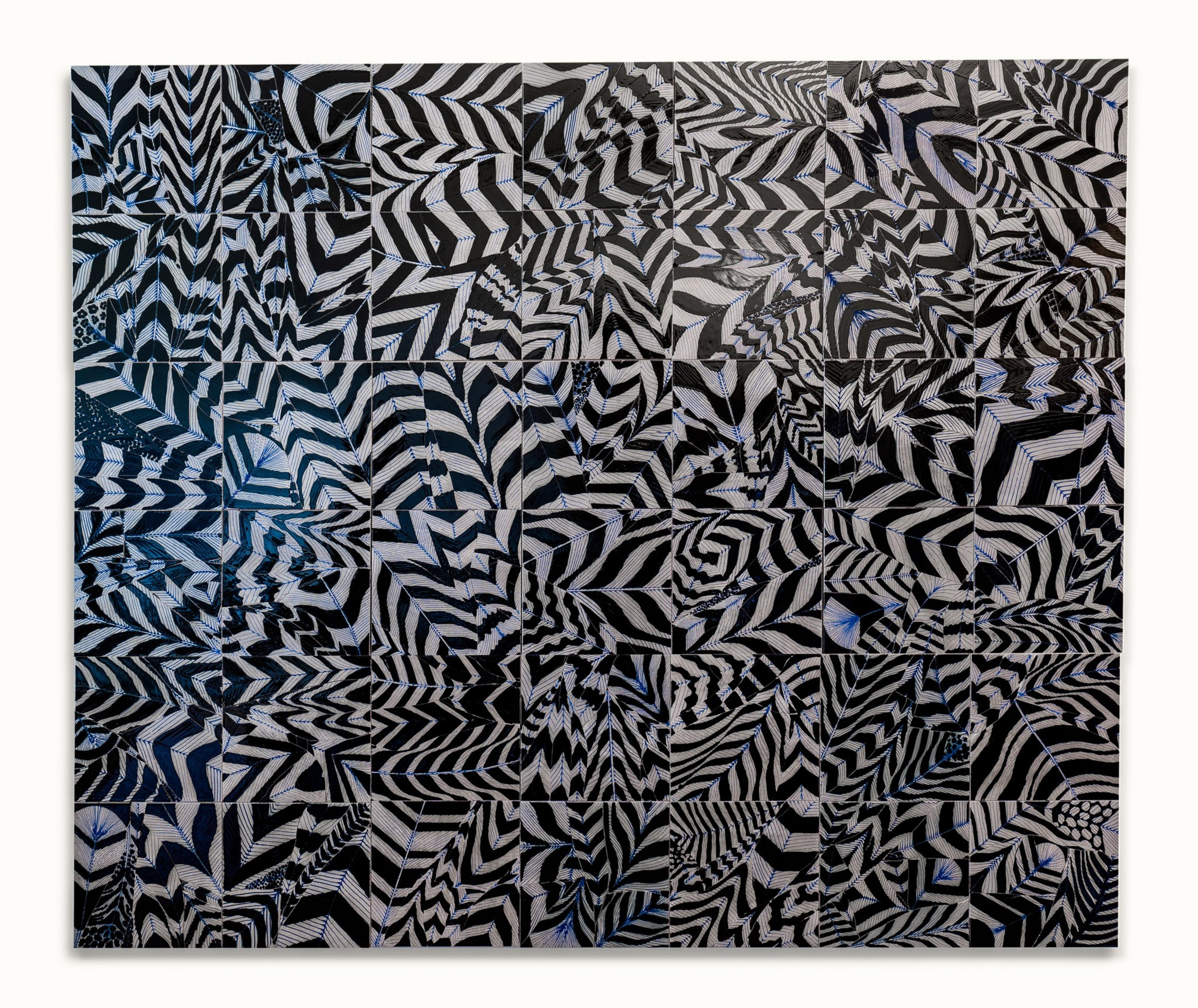 Black and white geometric patterns with zigzags and chevrons create a warped, optical illusion effect across a grid of square tiles.