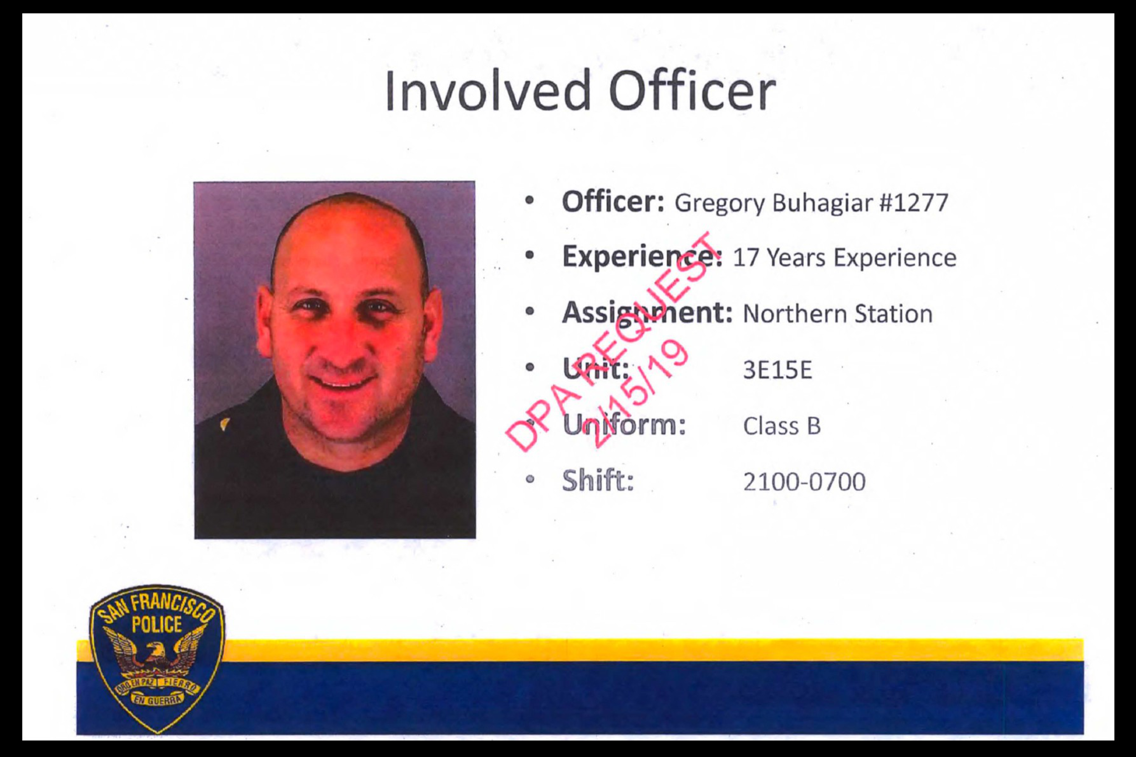 Gregory Buhagiar, officer #1277, has 17 years experience, works at Northern Station in unit 3E15E, wears Class B uniform, and works the 2100-0700 shift.