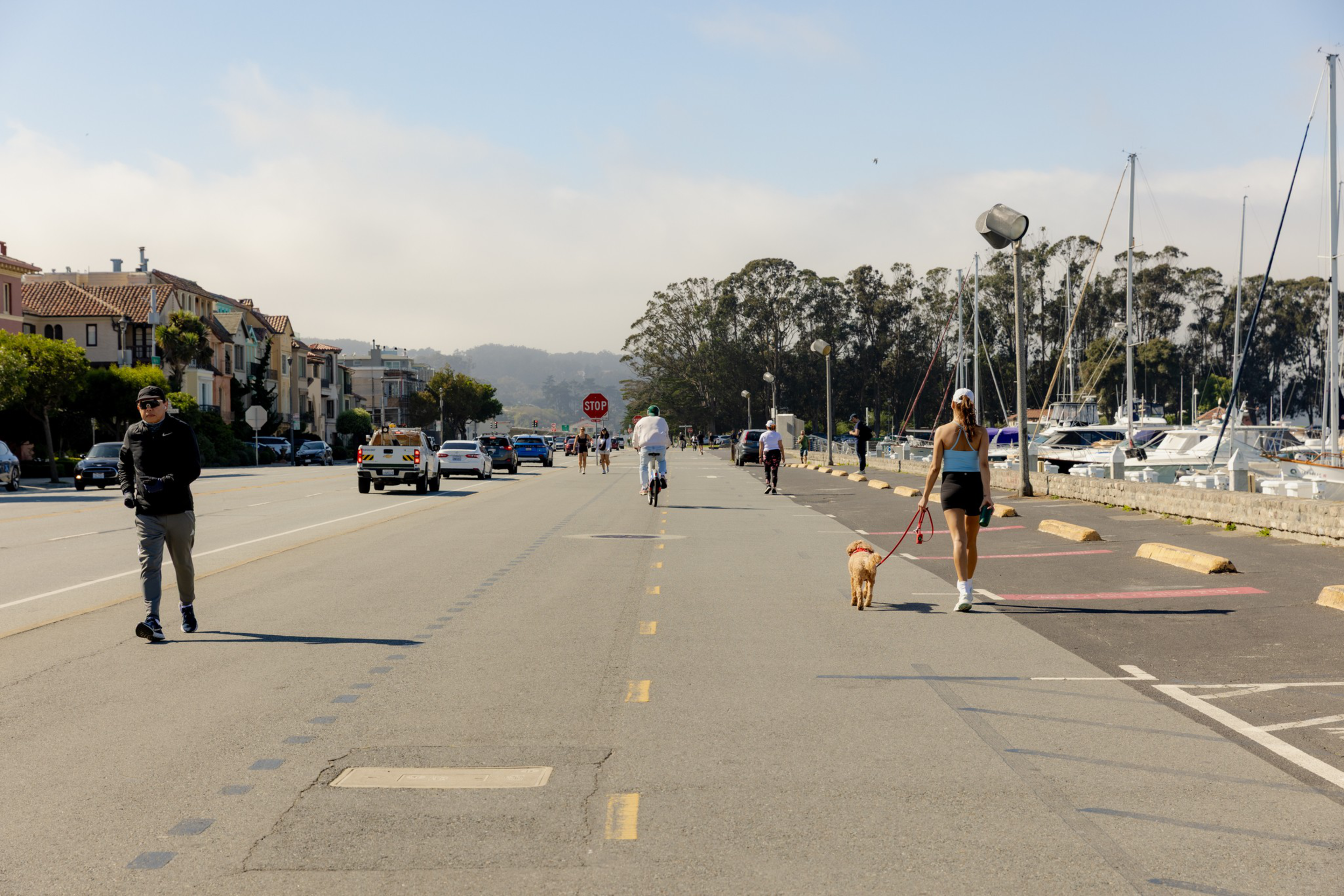 A woman in athletic wear walks a small dog along a marina-lined path while other people walk, bike, and drive nearby under a partly cloudy sky.