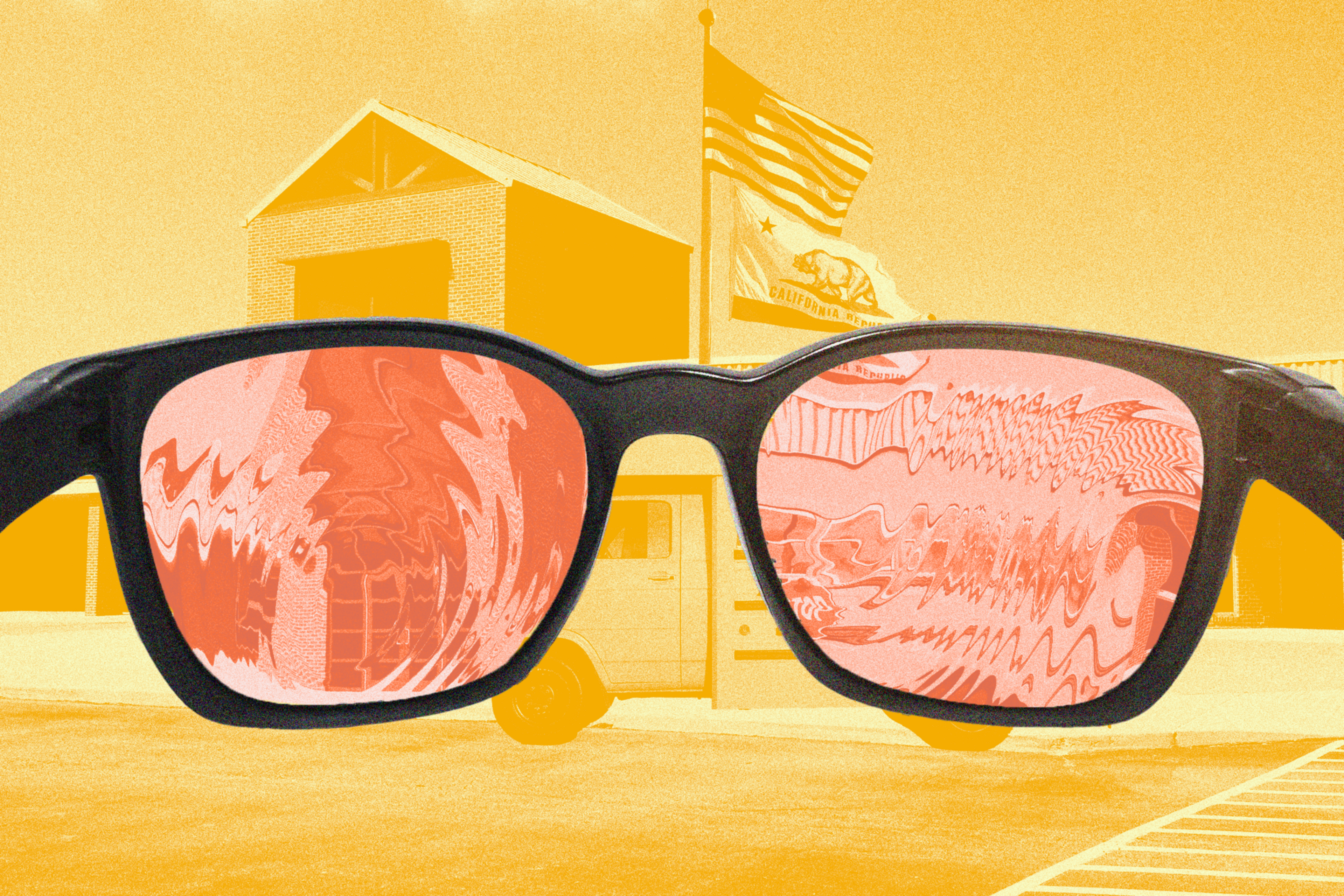 The image shows sunglasses with distorted, colorful lenses. In the background, a building and a waving California flag are visible in a warm, orange hue.