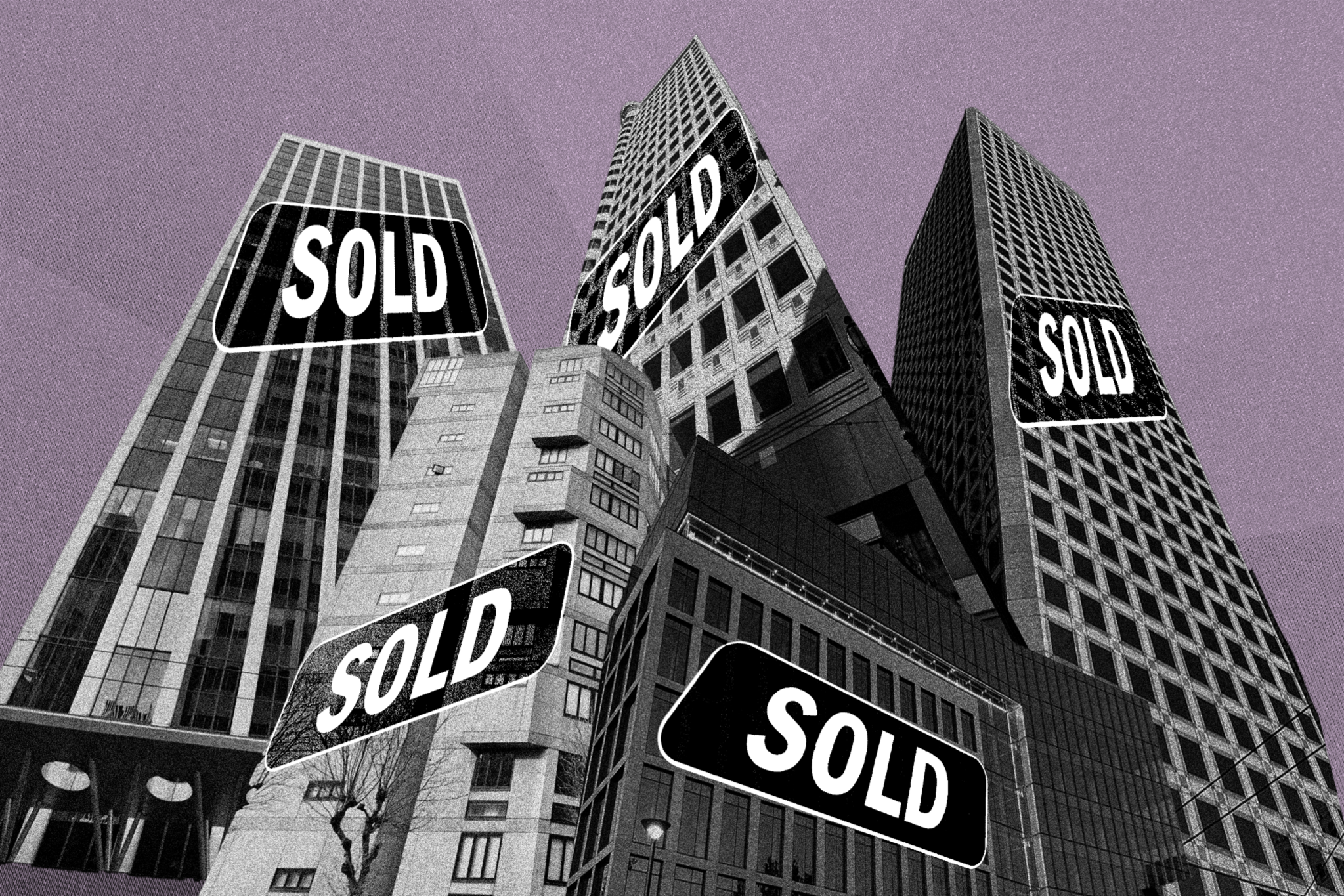 Several skyscrapers are visible against a purple sky, each displaying large "SOLD" signs on their facades.