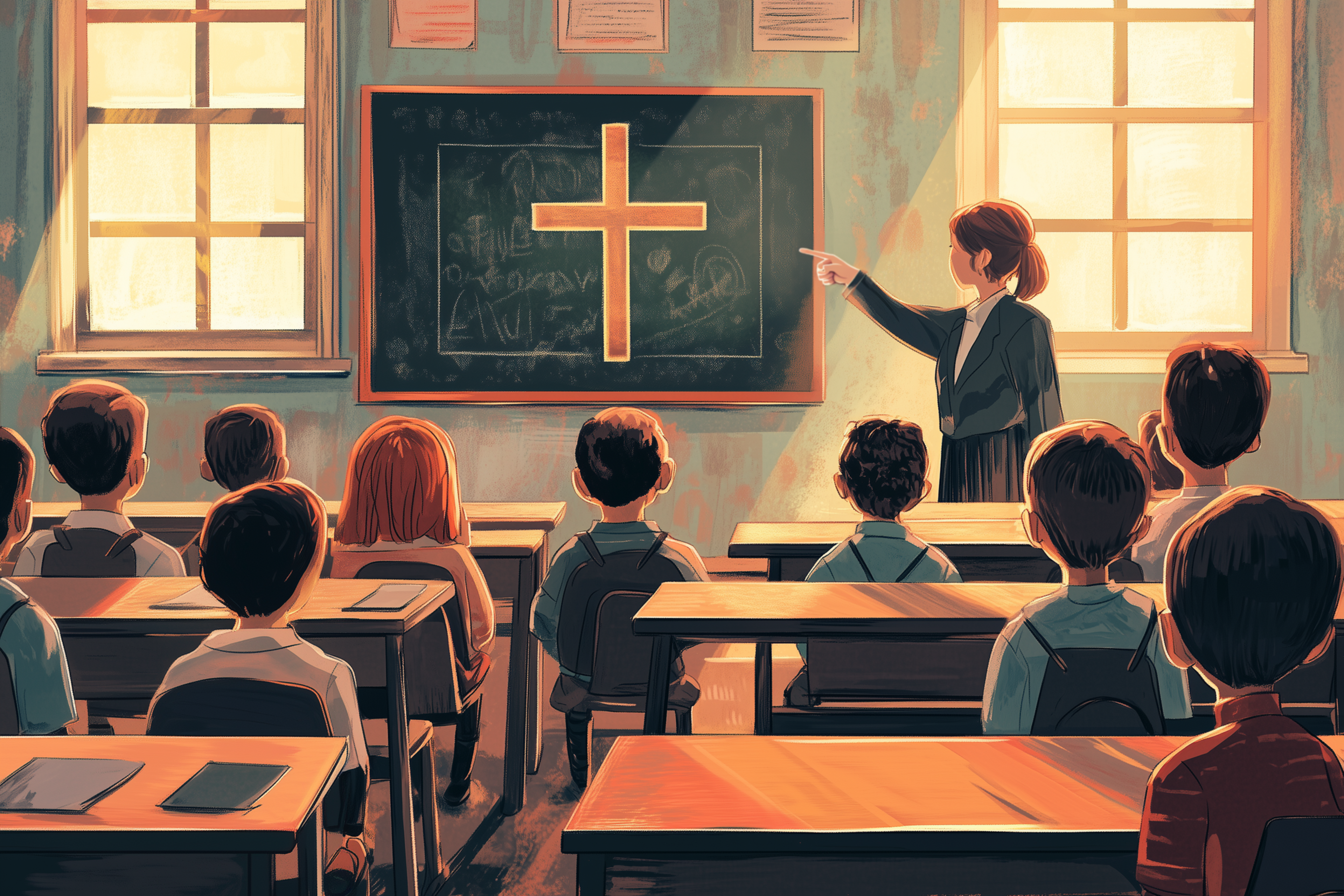 A teacher stands in front of a classroom, pointing to a blackboard with a large golden cross. Students seated at desks listen attentively under soft sunlight.