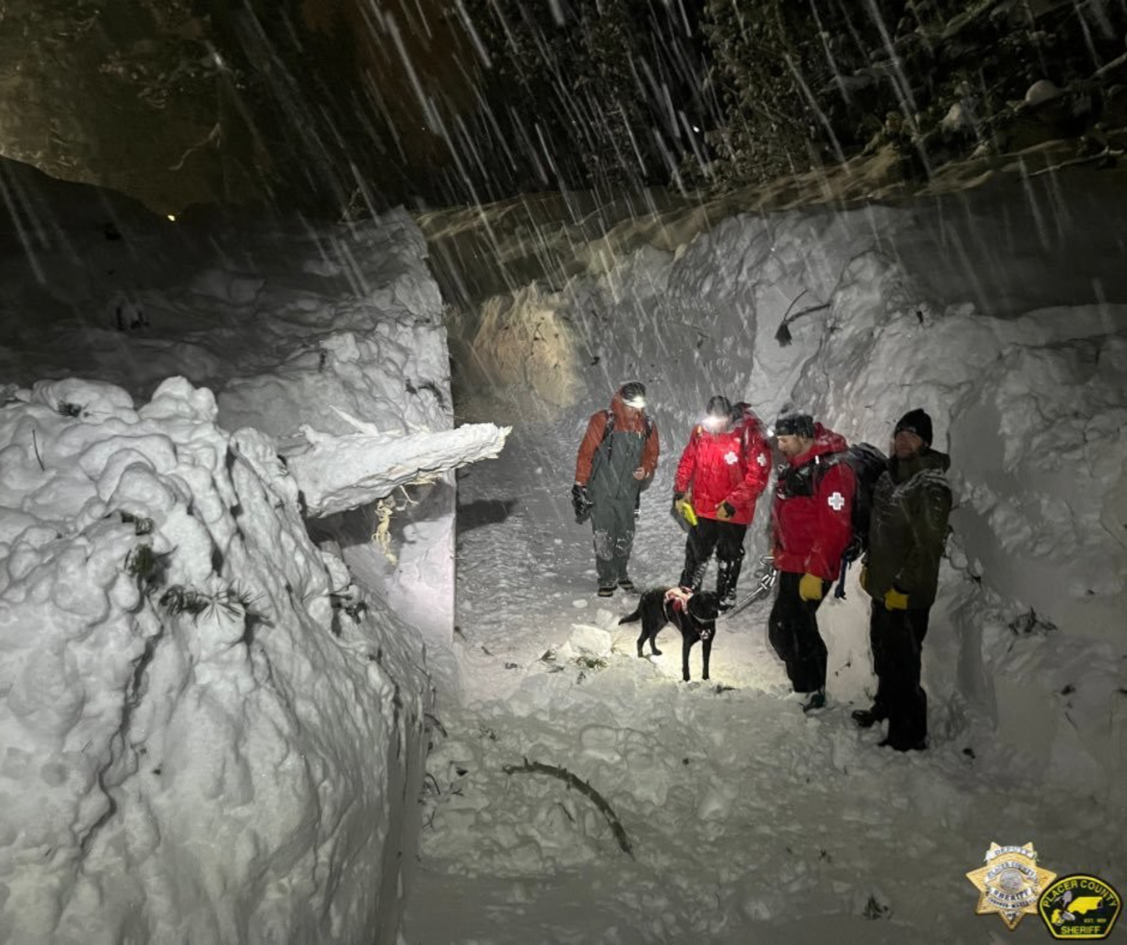 Four rescue workers in red jackets and winter gear stand in deep snow at night with a black dog, illuminated by headlamps during heavy snowfall.